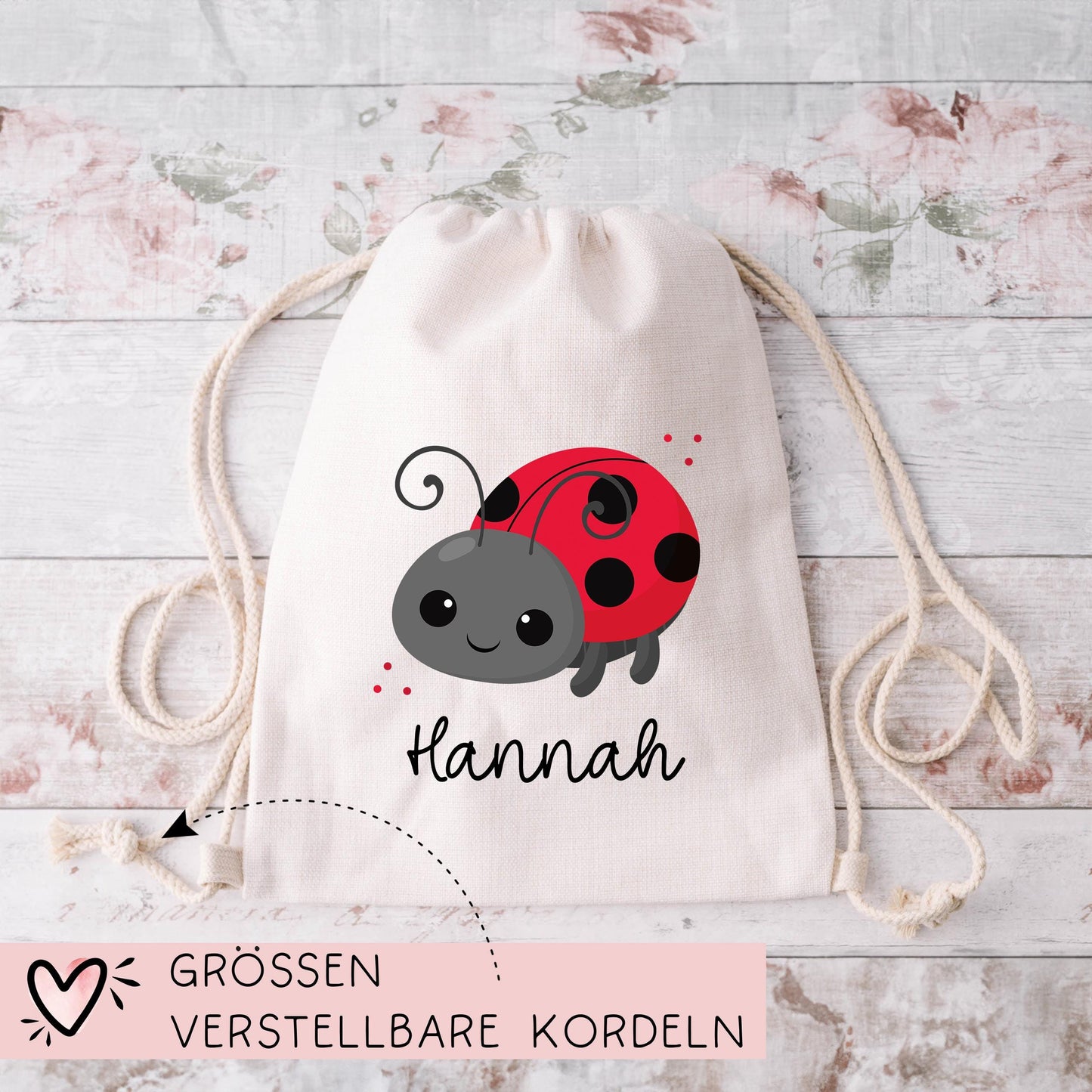 Marienkäfer Turnbeutel Personalisiert mit Namen Tasche Rucksack als Kindergarten, Sportbeutel, Schule, Wäschebeutel Weihnachten Nikolaus kleinebuchstaben
