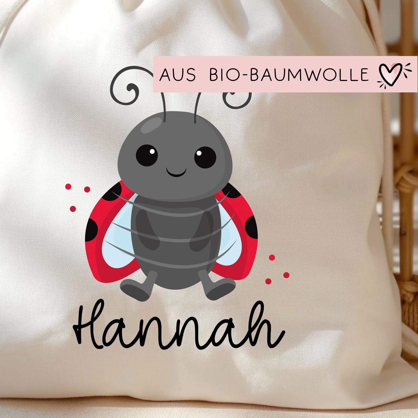 Marienkäfer Turnbeutel Personalisiert mit Namen Tasche Rucksack als Kindergarten, Sportbeutel, Schule, Wäschebeutel Weihnachten Nikolaus kleinebuchstaben