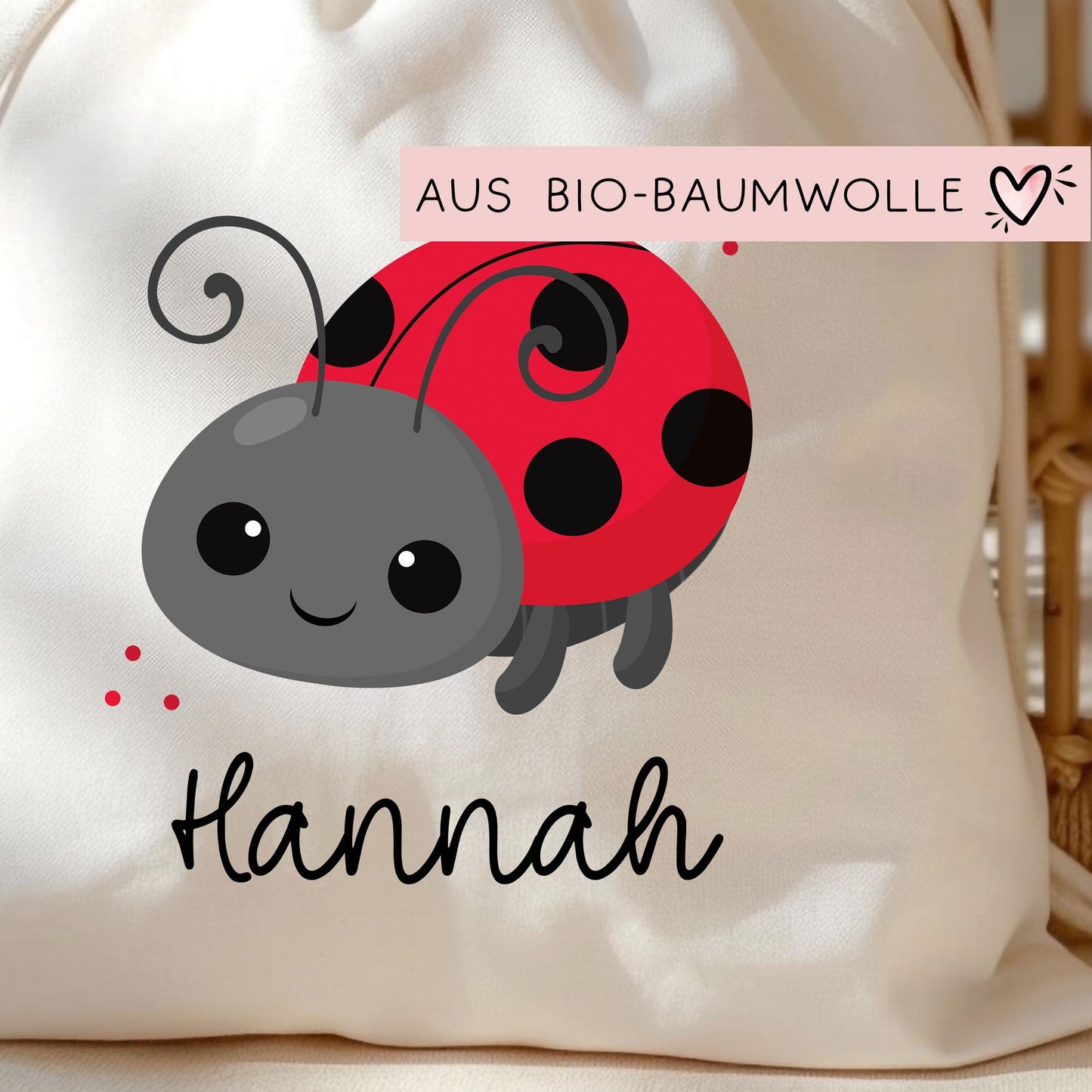 Turnbeutel Marienkäfer mit Namen Personalisiert Tasche Rucksack als Kindergarten, Sportbeutel, Schule, Wäschebeutel Weihnachten Nikolaus kleinebuchstaben
