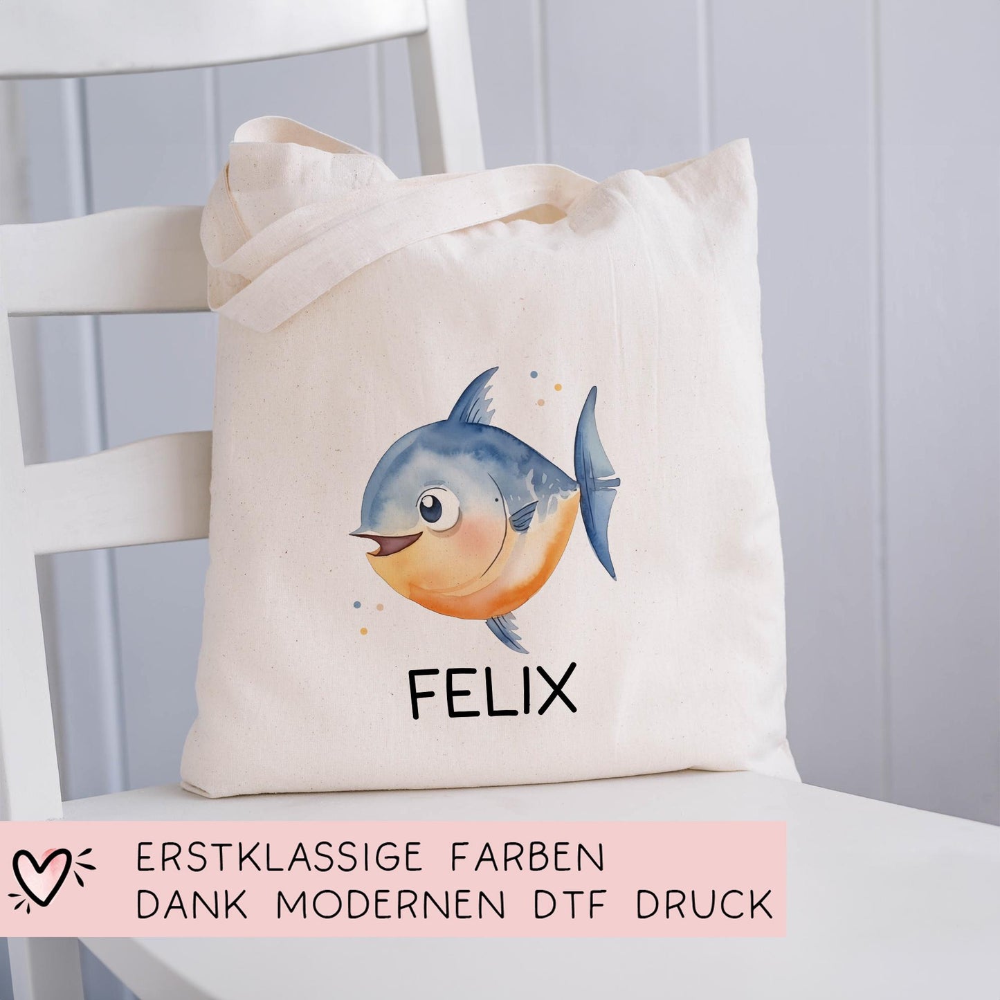 Stofftasche Fisch Personalisiert Tasche & Name - Kinder Beutel Kindertasche mit Wunschname - Wechselwäsche Jutebeutel - Kindergarten kleinebuchstaben