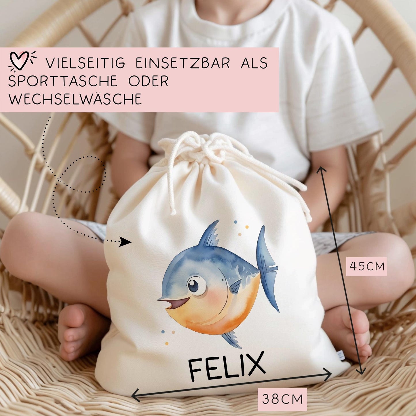 Fisch Turnbeutel Personalisiert mit Namen Tasche Rucksack als Kindergarten, Sportbeutel, Schule, KITA Wäschebeutel Weihnachten Nikolaus kleinebuchstaben