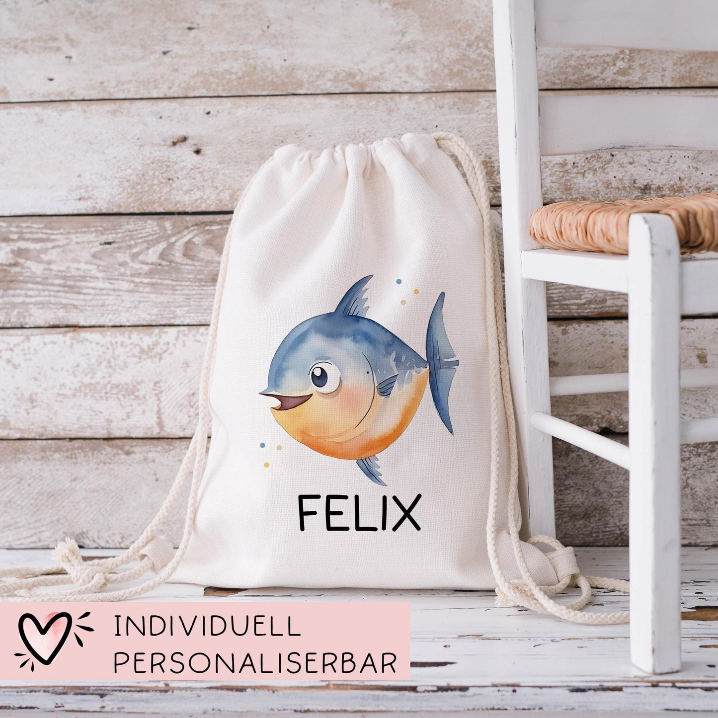 Fisch Turnbeutel Personalisiert mit Namen Tasche Rucksack als Kindergarten, Sportbeutel, Schule, KITA Wäschebeutel Weihnachten Nikolaus kleinebuchstaben