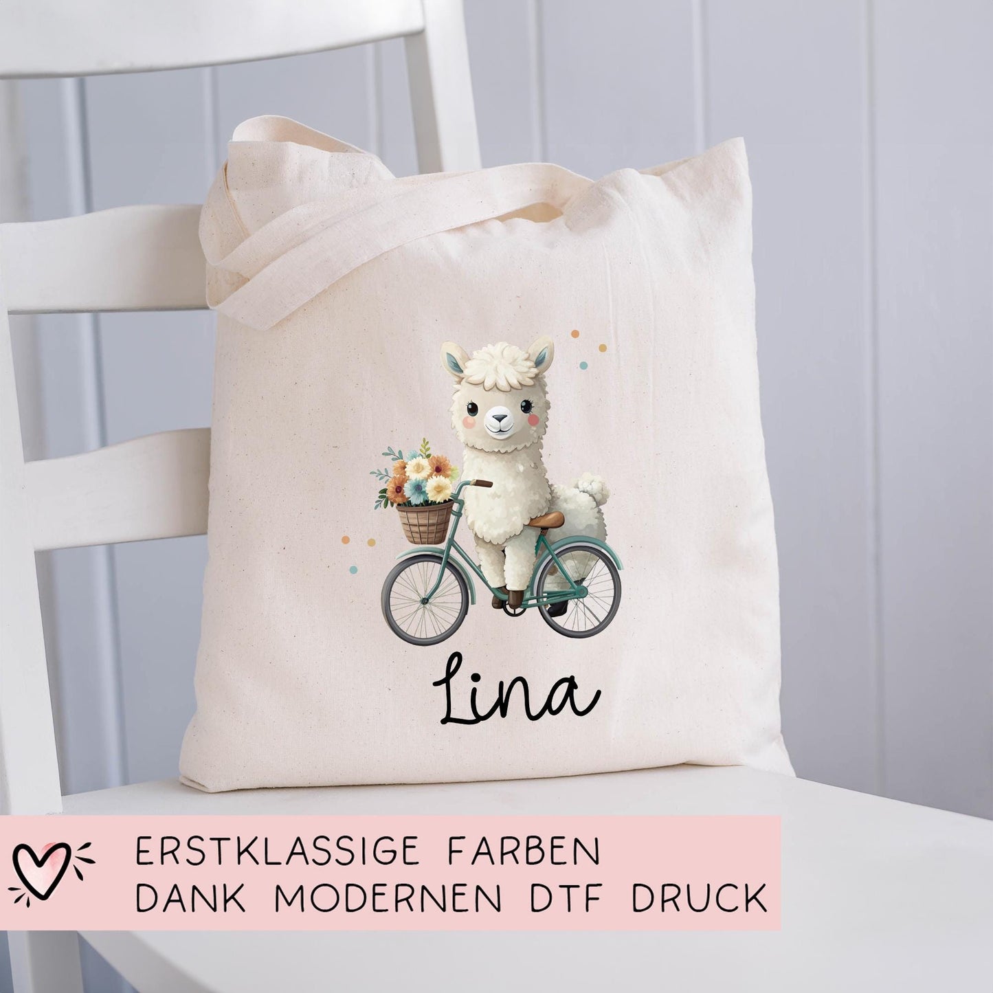 Stofftasche Lama Alpaka Personalisiert Tasche & Name - Kinder Beutel Kindertasche mit Wunschname - Wechselwäsche Jutebeutel - Kindergarten kleinebuchstaben