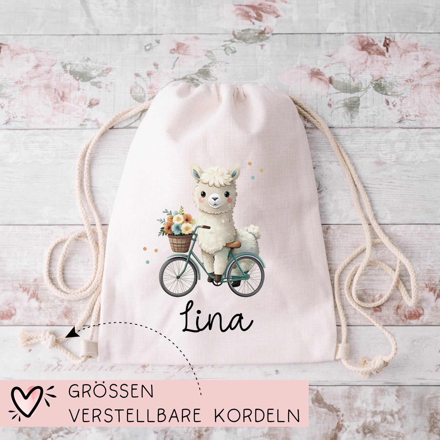 Lama Alpaka Turnbeutel Personalisiert mit Namen Tasche Rucksack als Kindergarten, Sportbeutel, Schule, Wäschebeutel Weihnachten Nikolaus kleinebuchstaben