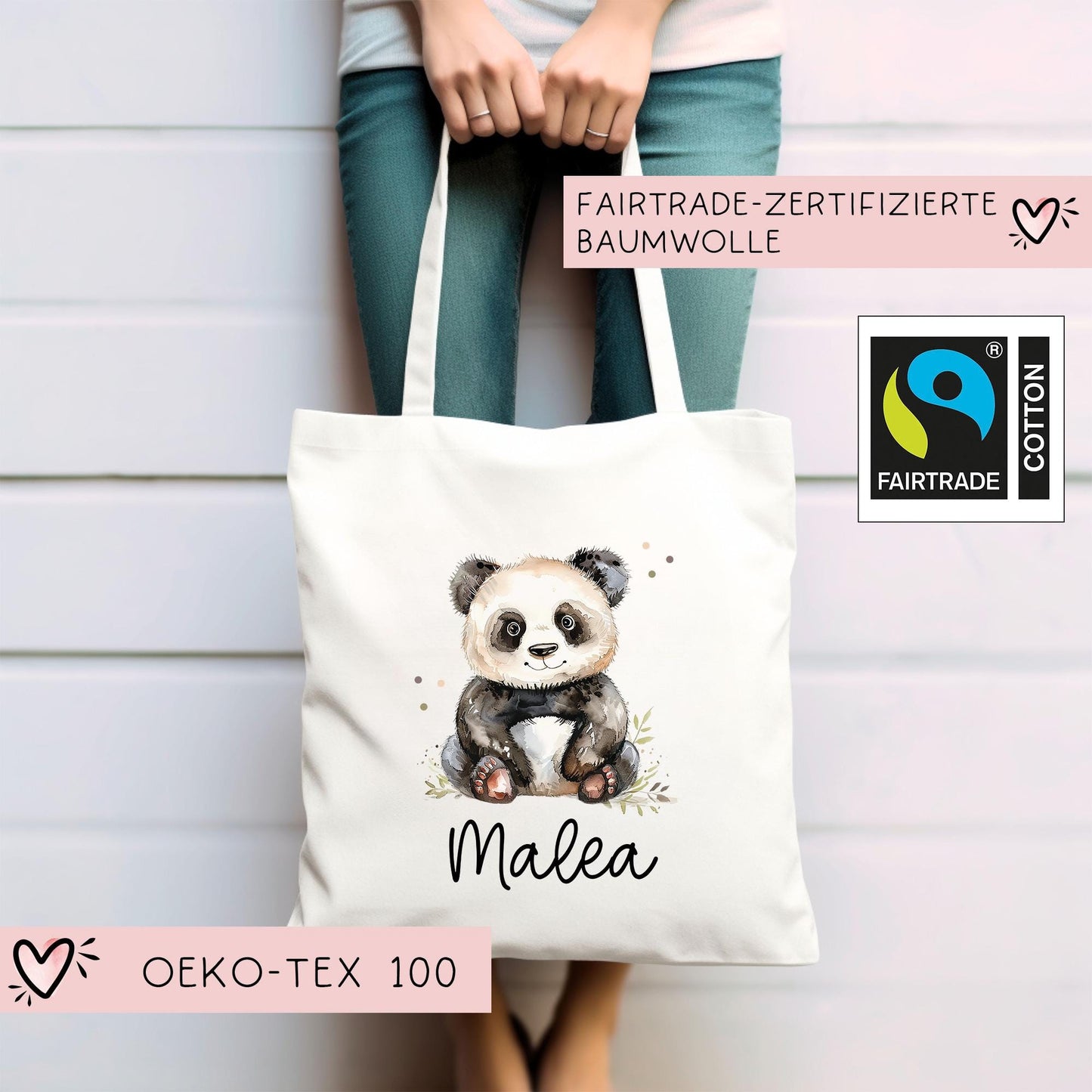 Stofftasche Panda Pandabär Personalisiert Tasche & Name - Beutel Kindertasche mit Wunschname - Wechselwäsche Jutebeutel - Kindergarten kleinebuchstaben