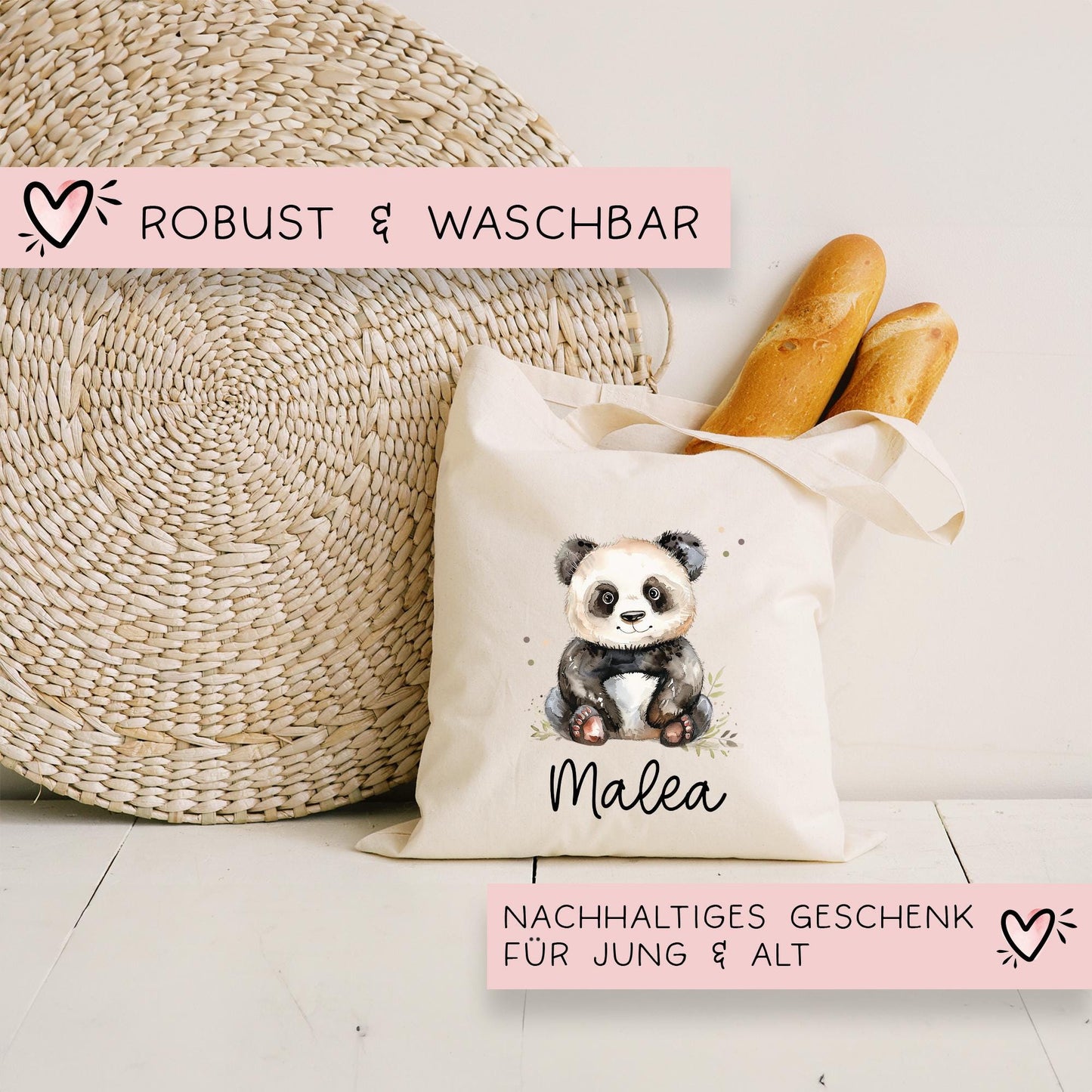 Stofftasche Panda Pandabär Personalisiert Tasche & Name - Beutel Kindertasche mit Wunschname - Wechselwäsche Jutebeutel - Kindergarten kleinebuchstaben