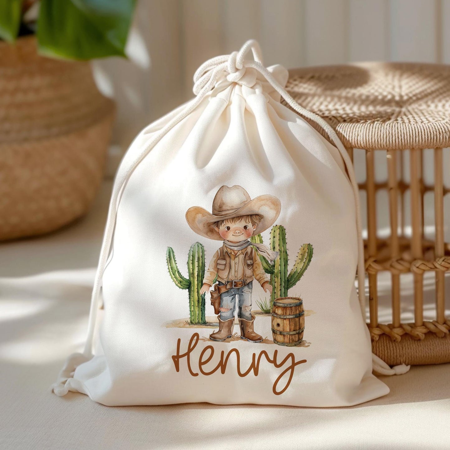 Stofftasche Cowboy Junge Personalisiert Tasche & Name - Beutel Kindertasche mit Wunschname - Wechselwäsche Jutebeutel - Kindergarten kleinebuchstaben Turnbeutel Schriftart 1