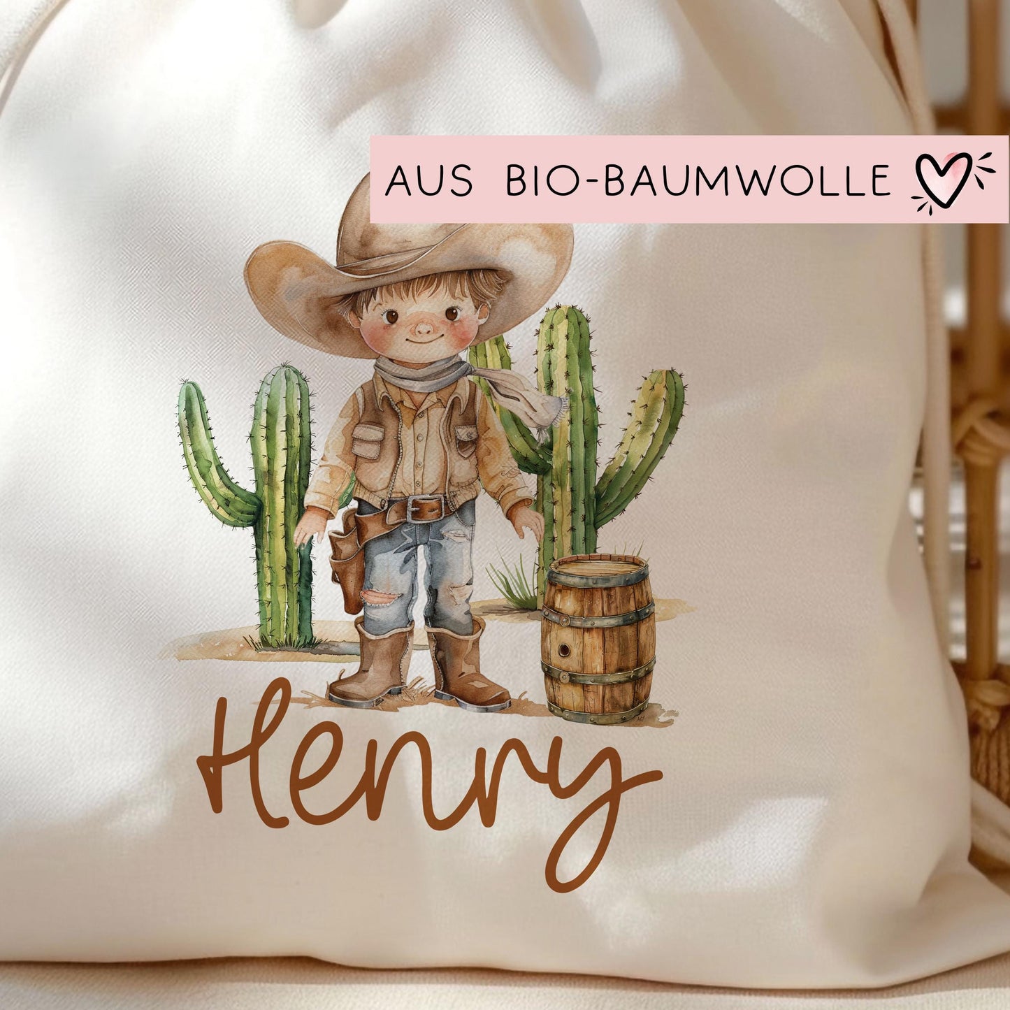 Stofftasche Cowboy Junge Personalisiert Tasche & Name - Beutel Kindertasche mit Wunschname - Wechselwäsche Jutebeutel - Kindergarten kleinebuchstaben
