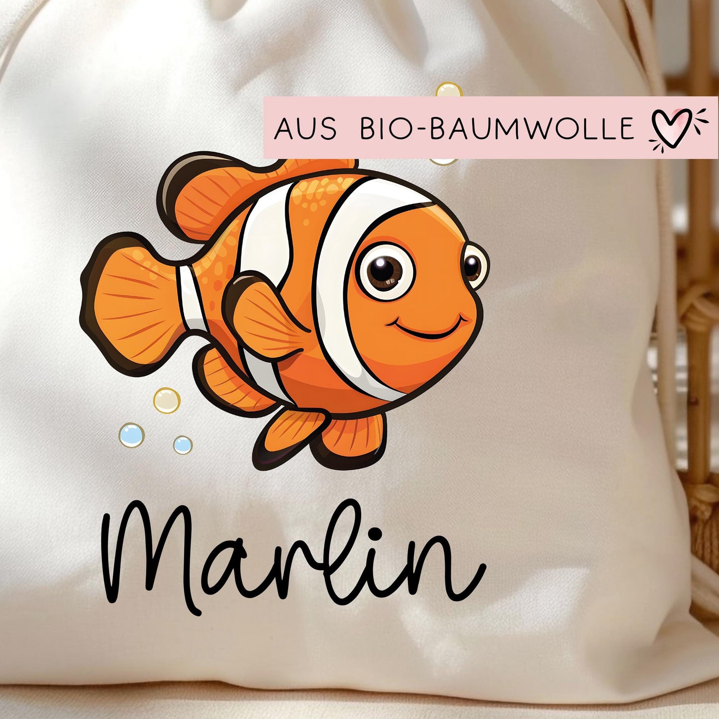 Clownfisch Turnbeutel mit Wunschnamen - Wäschebeutel - Personalisiert - Wunschnamen - Schule - mit Name - Wechselkleidung - Weihnachten kleinebuchstaben