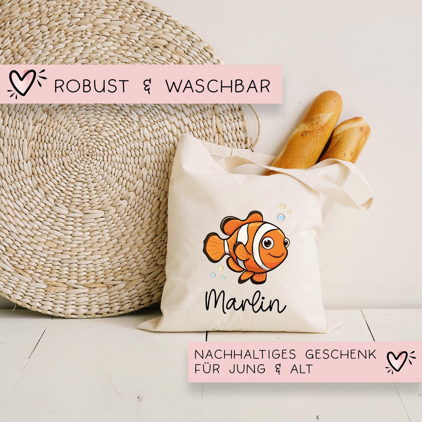Stofftasche Clownfisch Personalisiert Tasche Anemonenfisch - Beutel Kindertasche mit Wunschname - Wechselwäsche Jutebeutel - Kindergarten kleinebuchstaben