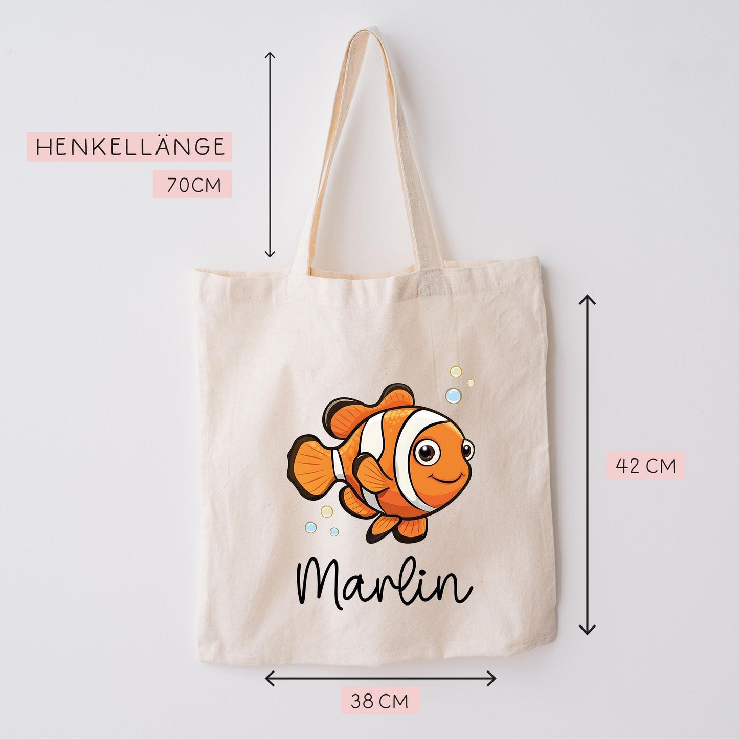Stofftasche Clownfisch Personalisiert Tasche Anemonenfisch - Beutel Kindertasche mit Wunschname - Wechselwäsche Jutebeutel - Kindergarten kleinebuchstaben