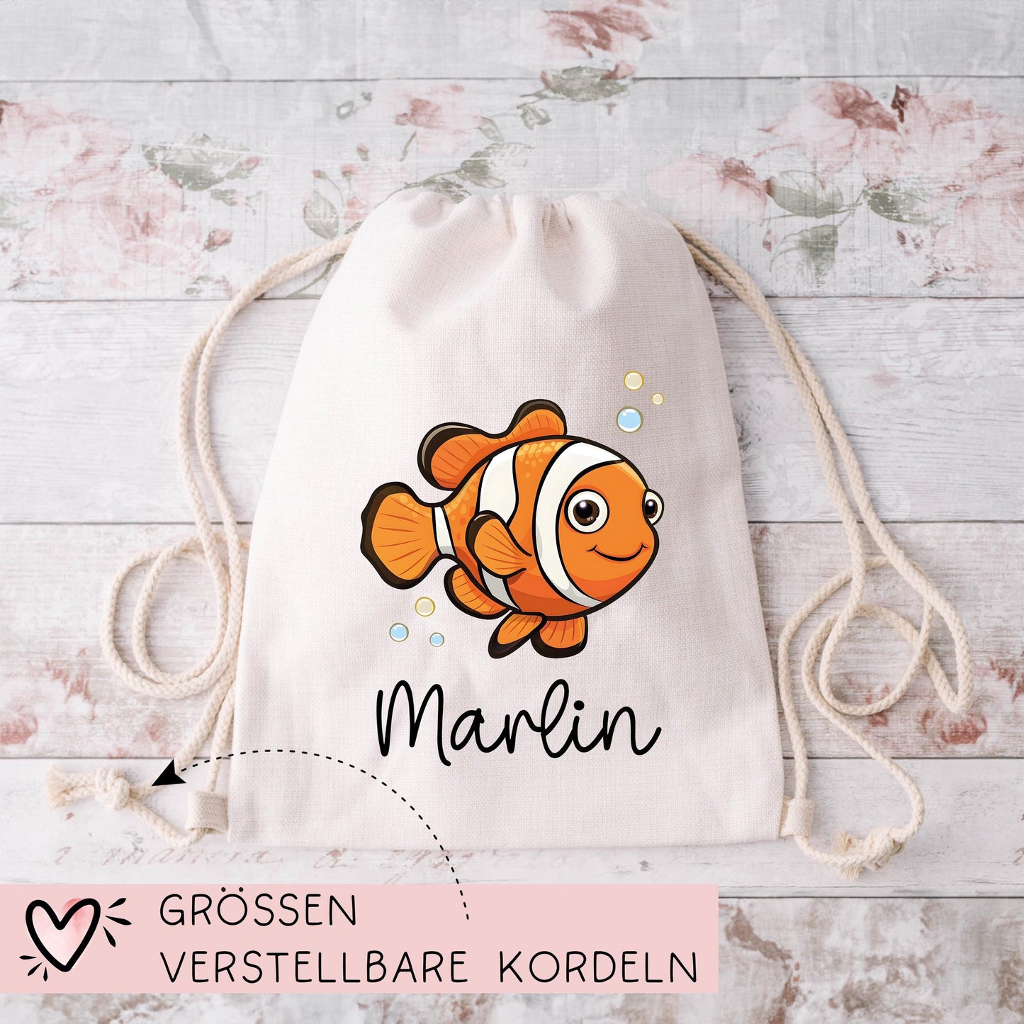 Stofftasche Clownfisch Personalisiert Tasche Anemonenfisch - Beutel Kindertasche mit Wunschname - Wechselwäsche Jutebeutel - Kindergarten kleinebuchstaben