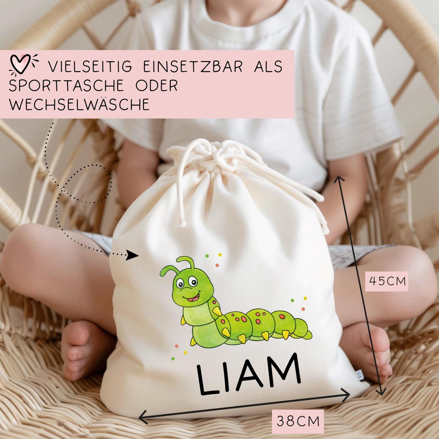 Turnbeutel Wäschebeutel Raupe Personalisiert - Larve - Schmetterlingslarve - Wunschnamen - Schule - mit Name - Wechselkleidung - Weihnachten kleinebuchstaben