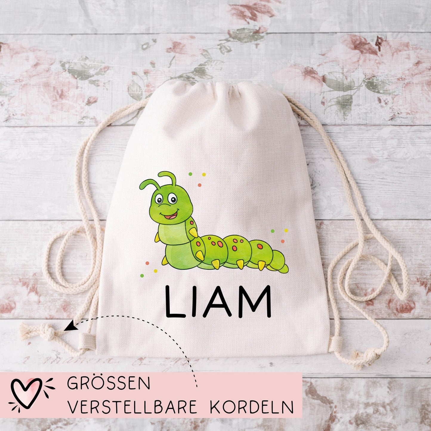 Turnbeutel Wäschebeutel Raupe Personalisiert - Larve - Schmetterlingslarve - Wunschnamen - Schule - mit Name - Wechselkleidung - Weihnachten kleinebuchstaben