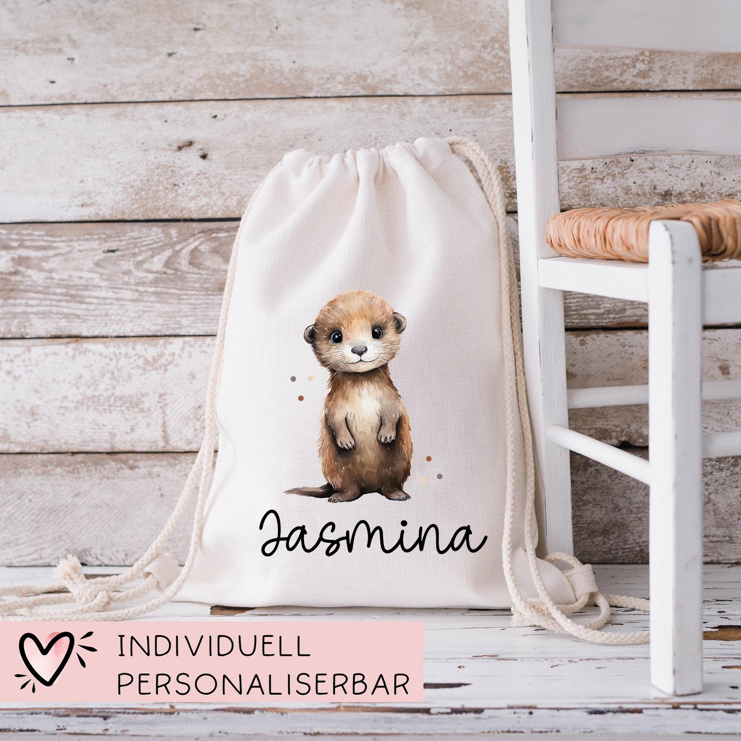 Personalisierter Turnbeutel Otter Wunschnamen | Rucksack für Schule, Kindergarten, KITA , KIGA | als Wäschebeutel, Sportbeutel l Weihnachten kleinebuchstaben