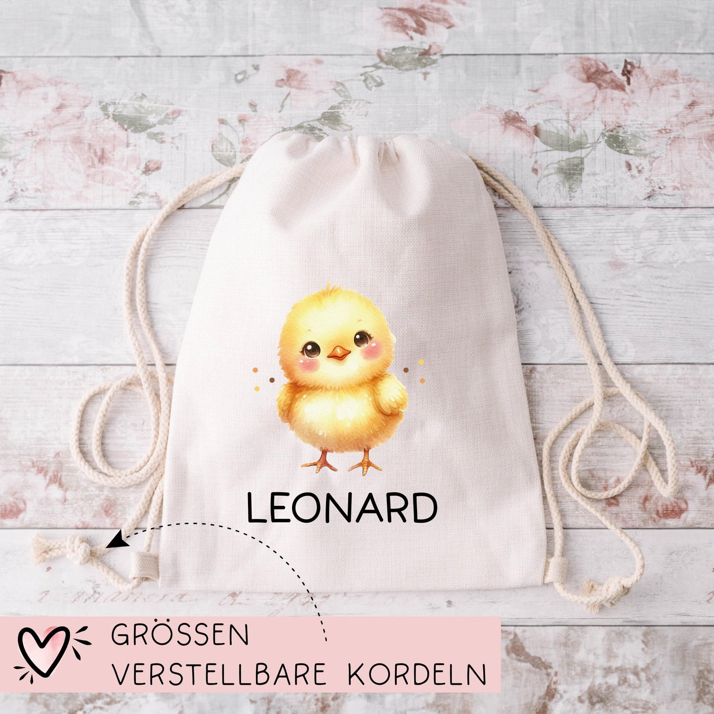 Personalisierter Turnbeutel Küken Wunschnamen | Rucksack für Schule, Kindergarten, KITA , KIGA - als Wäschebeutel, Sportbeutel l Weihnachten kleinebuchstaben