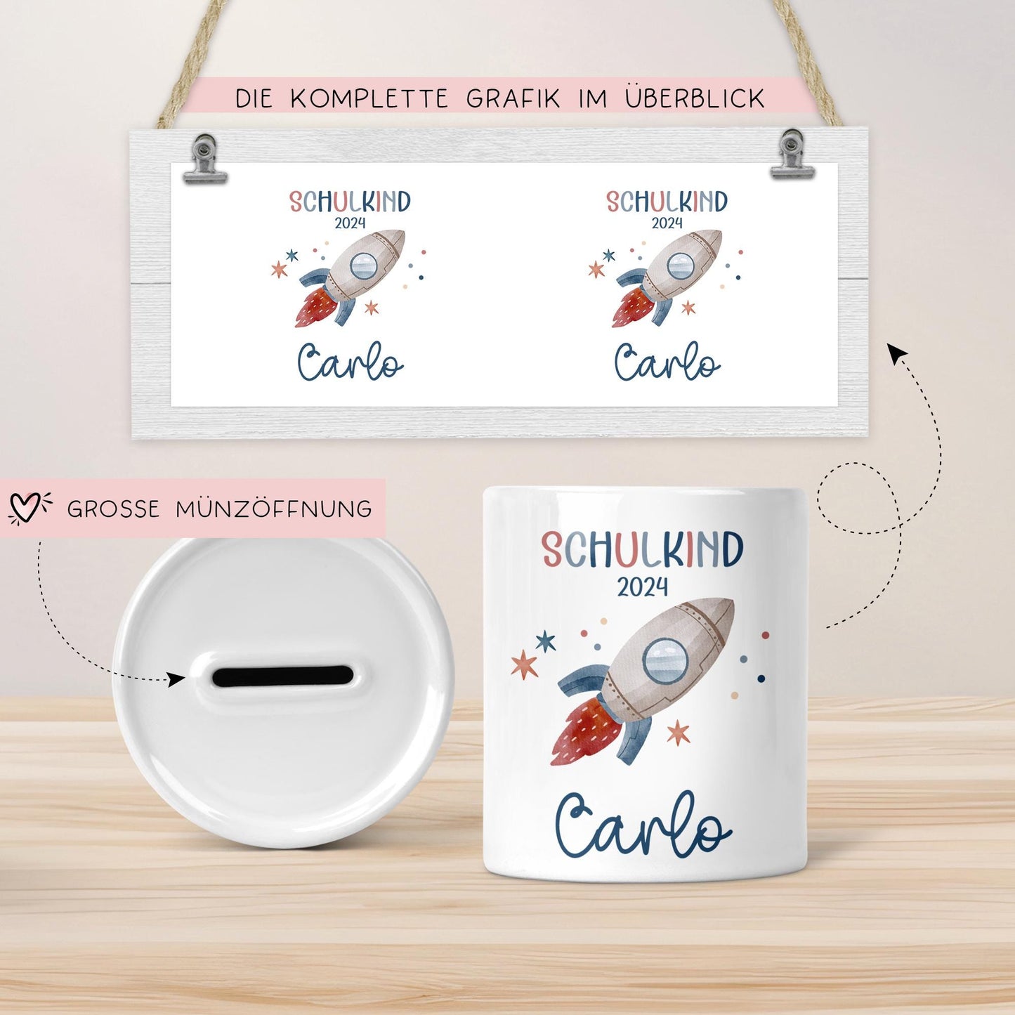 Schulkind 2024 Spardose für Kinder Personalisiert Rakete Weltraum mit Namen - Blau - Geschenk für Junge & Mädchen zur Einschulung kleinebuchstaben