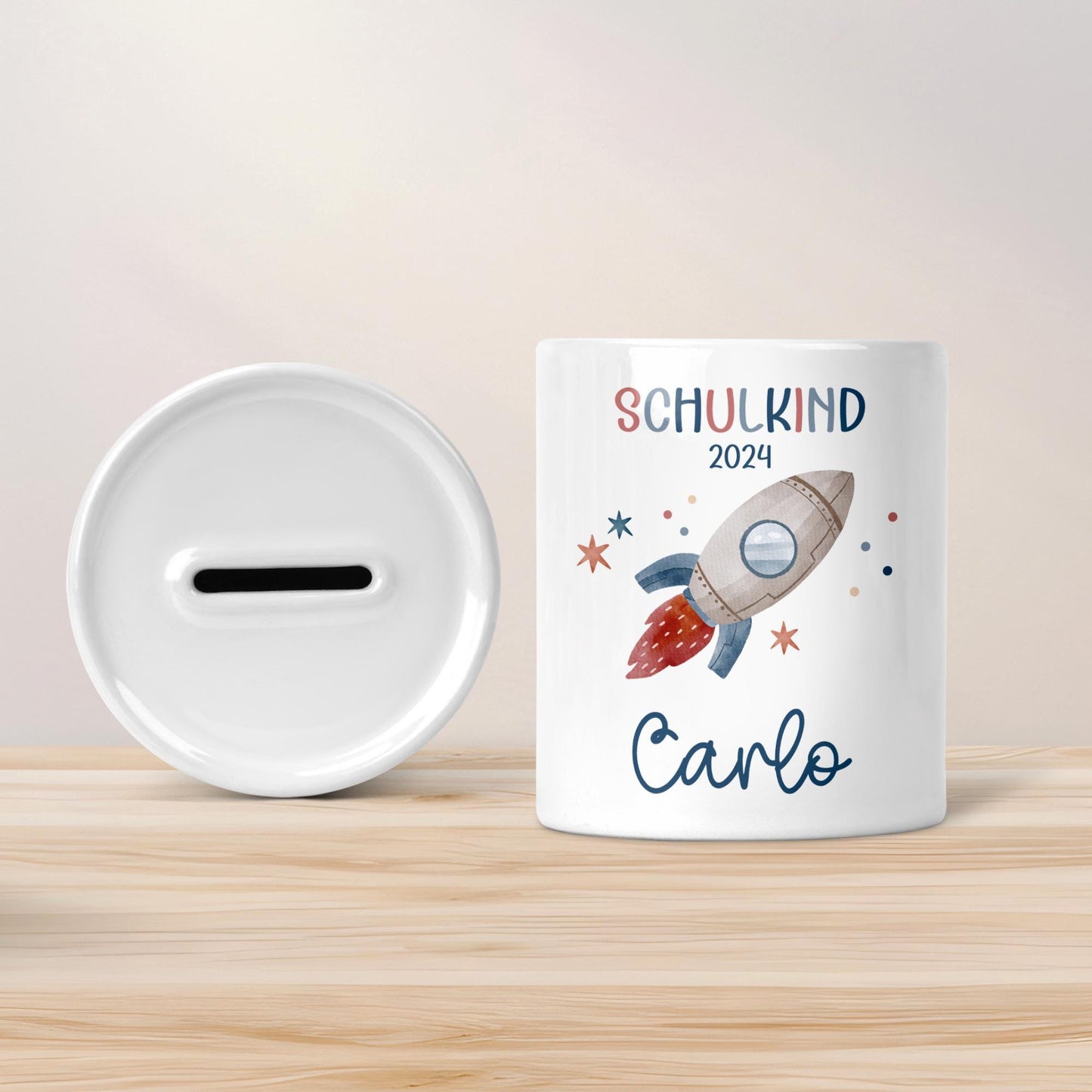 Schulkind 2024 Spardose für Kinder Personalisiert Rakete Weltraum mit Namen - Blau - Geschenk für Junge & Mädchen zur Einschulung kleinebuchstaben