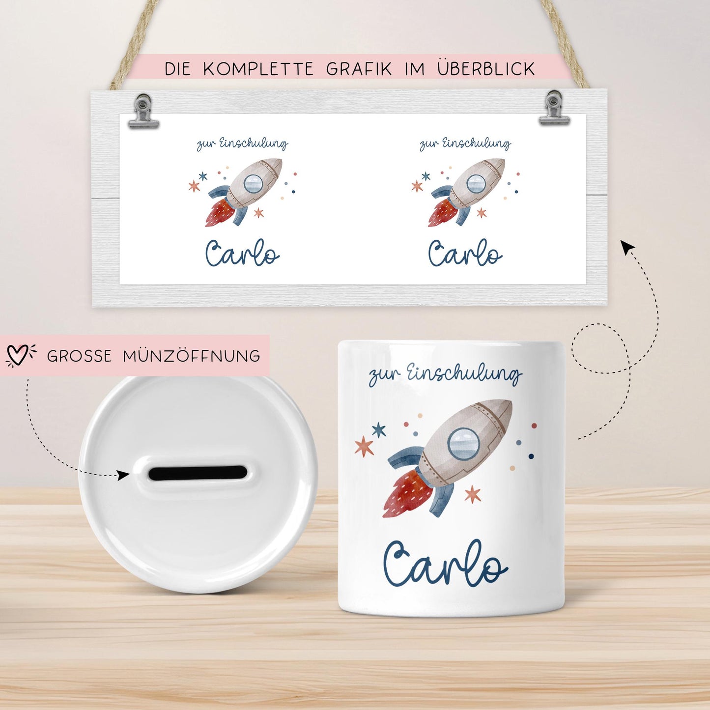 Einschulung Spardose Rakete für Kinder - Personalisiert Rakete Weltraum und Namen - Geschenk für Junge & Mädchen zur Einschulung Schule kleinebuchstaben
