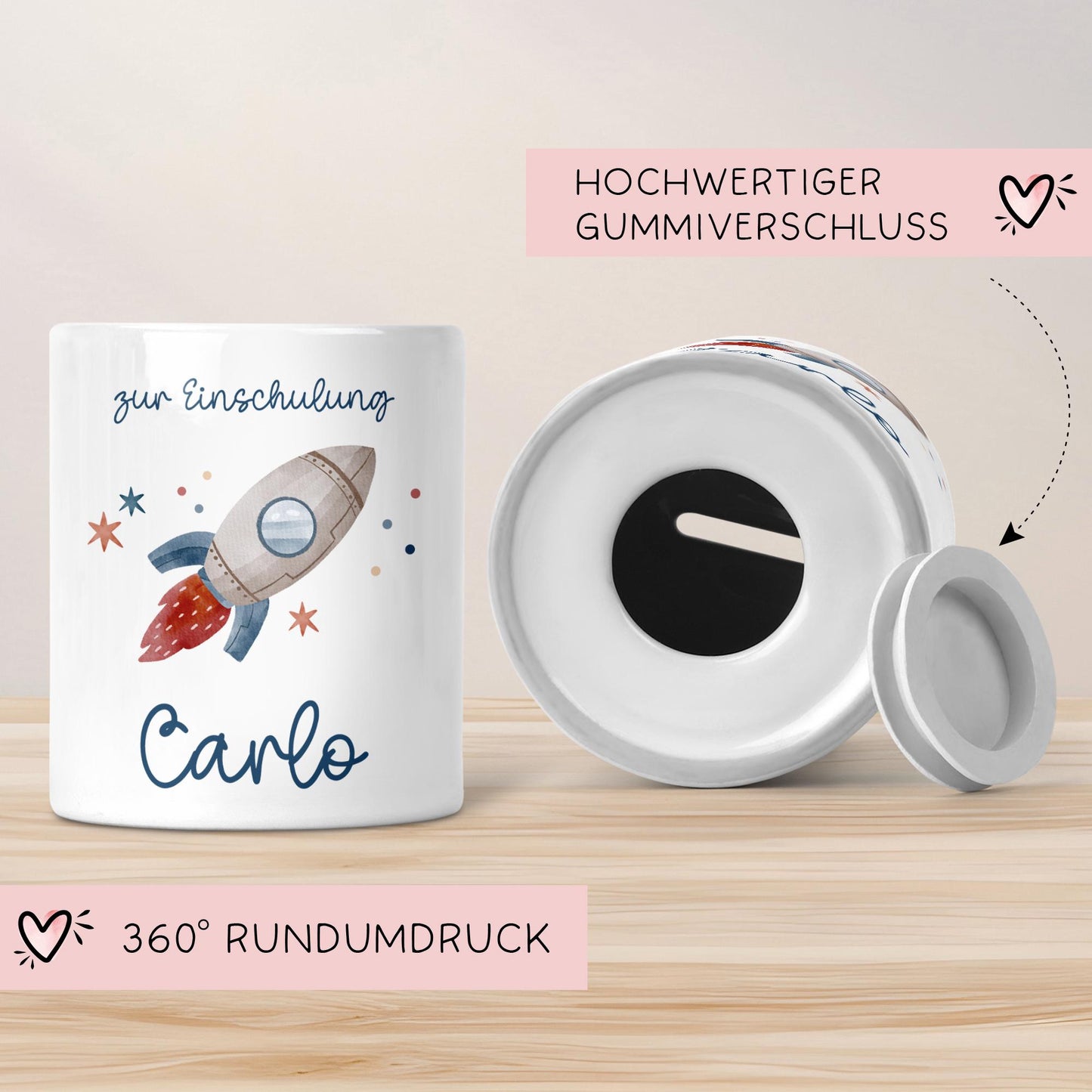 Einschulung Spardose Rakete für Kinder - Personalisiert Rakete Weltraum und Namen - Geschenk für Junge & Mädchen zur Einschulung Schule kleinebuchstaben