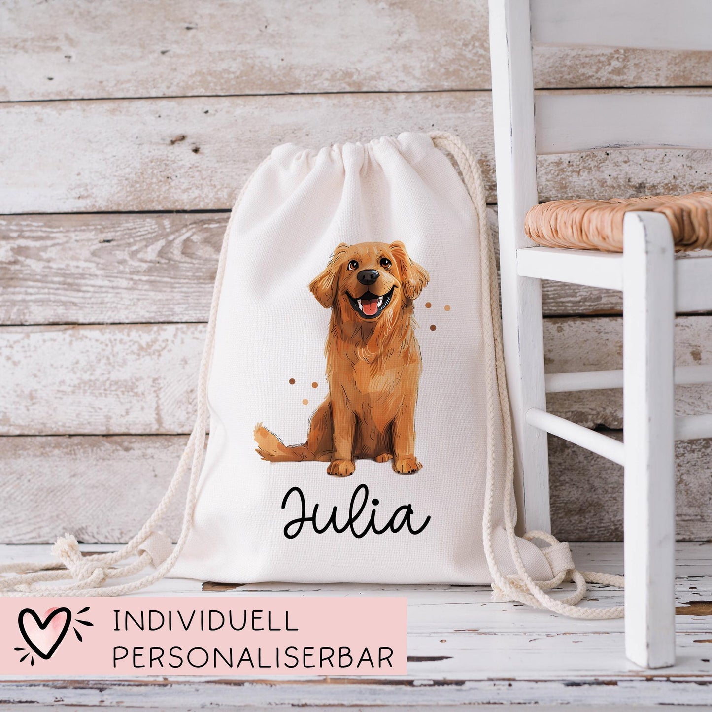 Personalisierter Turnbeutel Hund Golden Retriever Wunschnamen für Schule - Kindergarten, KITA - als Wäschebeutel, Sportbeutel - Weihnachten kleinebuchstaben