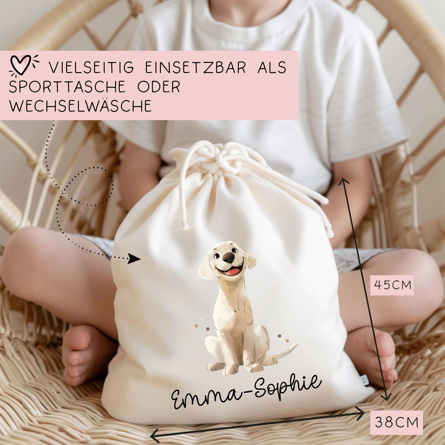 Personalisierter Turnbeutel Hund Labrador und Wunschnamen für Schule - Kindergarten, KITA - als Wäschebeutel, Sportbeutel - Weihnachten kleinebuchstaben