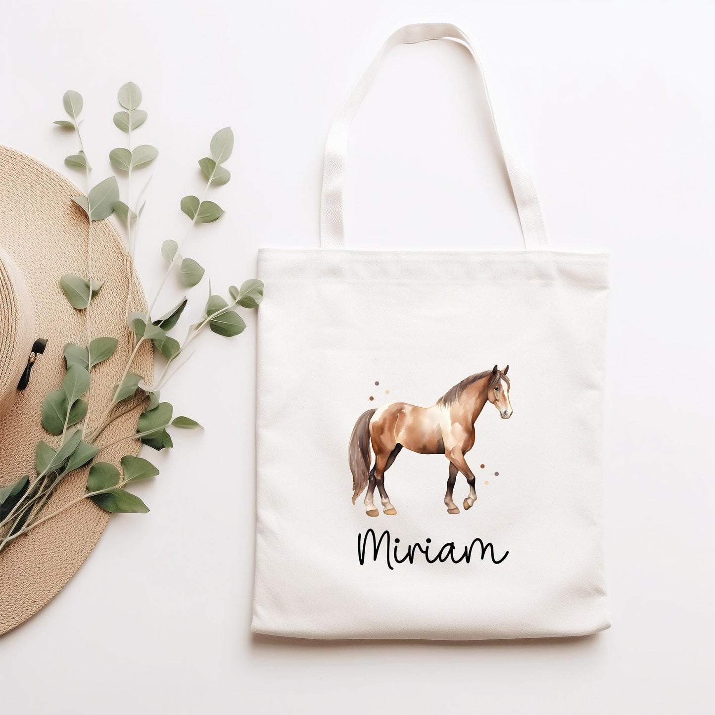 Personalisierte Stofftasche Pferd - Kinder-Beutel Kindertasche mit Namen - Wechselwäsche, Schmutzwäsche Tragetasche - Kita Wechselkleidung kleinebuchstaben Stofftasche Schriftart 1
