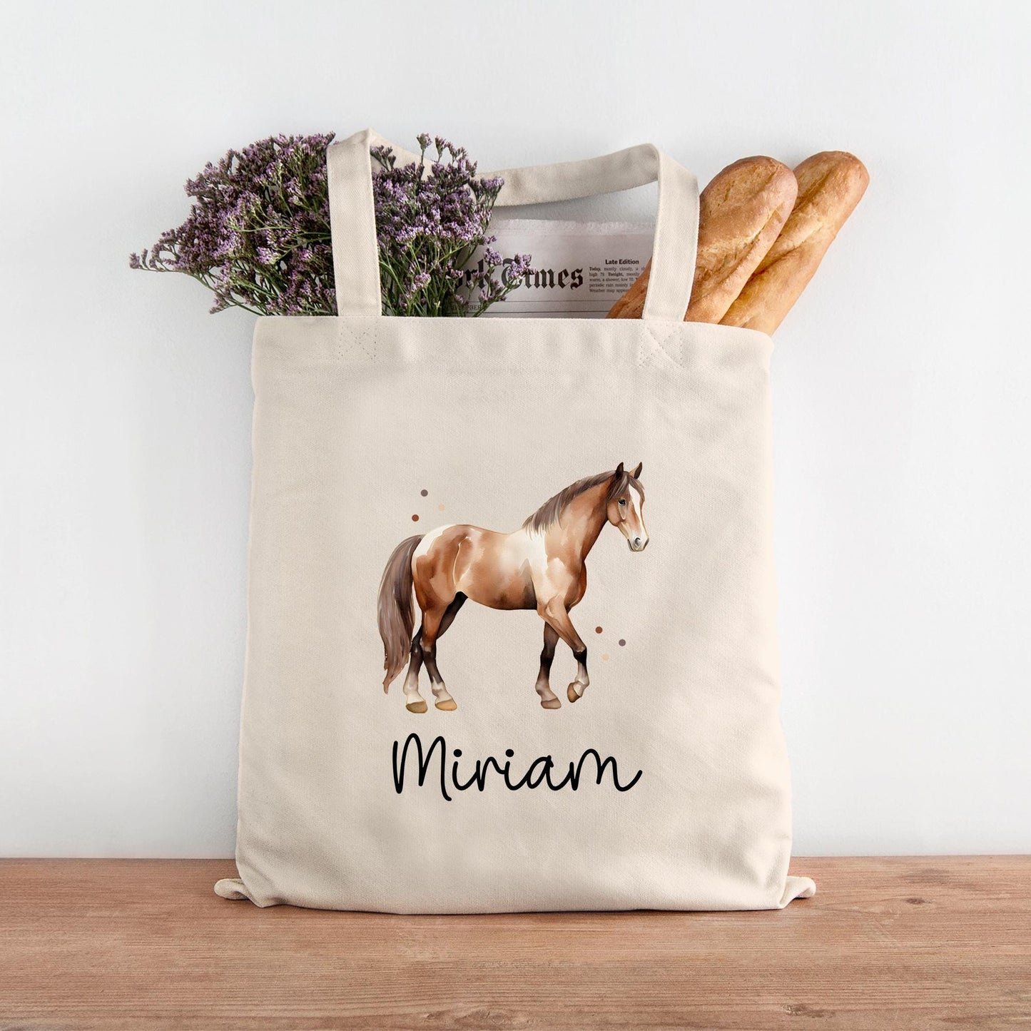 Personalisierte Stofftasche Pferd - Kinder-Beutel Kindertasche mit Namen - Wechselwäsche, Schmutzwäsche Tragetasche - Kita Wechselkleidung kleinebuchstaben