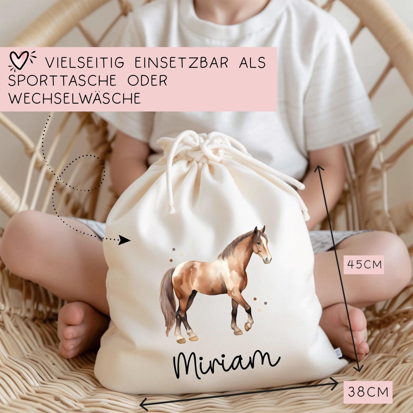 Personalisierte Stofftasche Pferd - Kinder-Beutel Kindertasche mit Namen - Wechselwäsche, Schmutzwäsche Tragetasche - Kita Wechselkleidung kleinebuchstaben