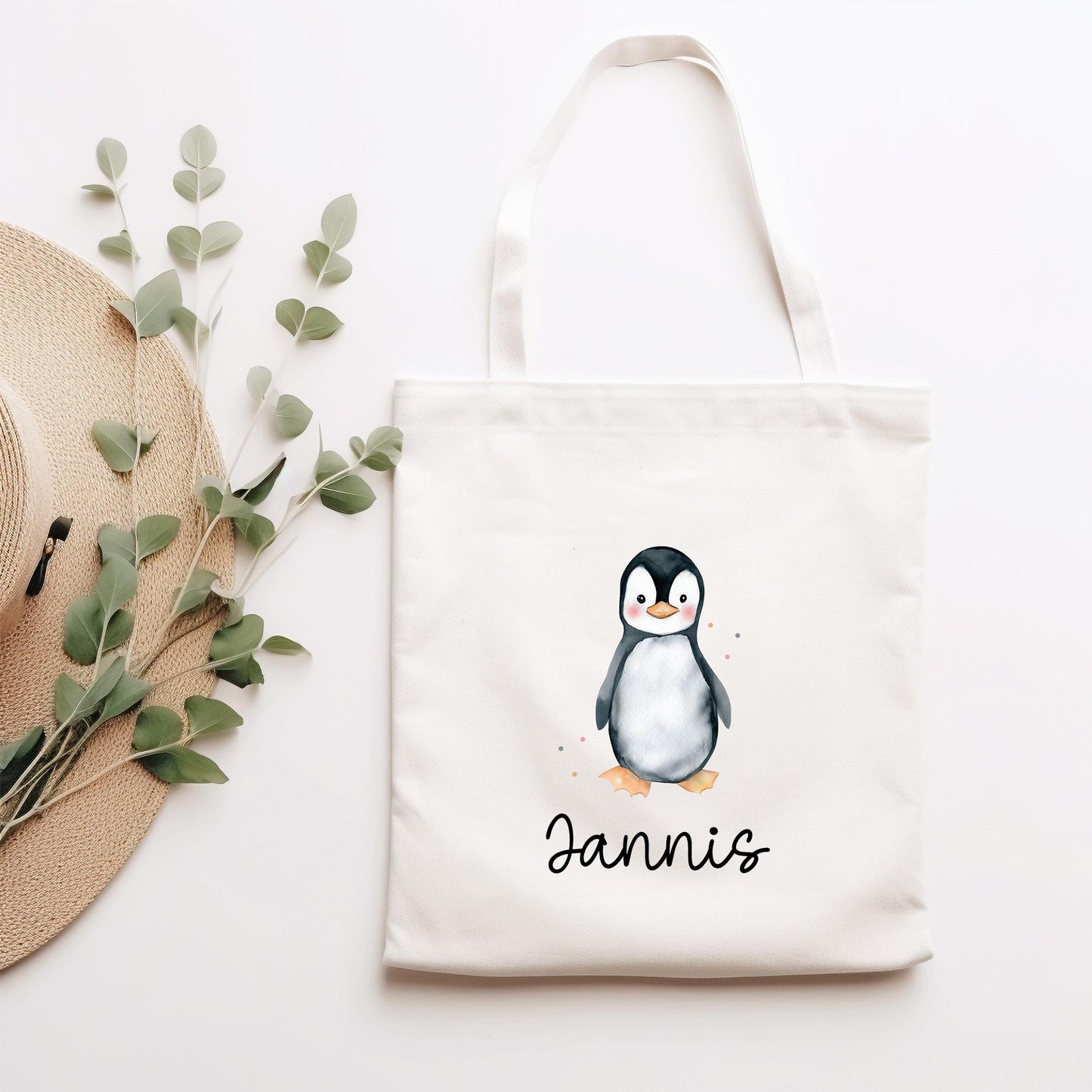 Stofftasche mit Namen Pinguin - Personalisierte Kinder Beutel Kindertasche - Wechselwäsche, Schmutzwäsche Tragetasche - Wechselkleidung kleinebuchstaben Stofftasche Schriftart 1