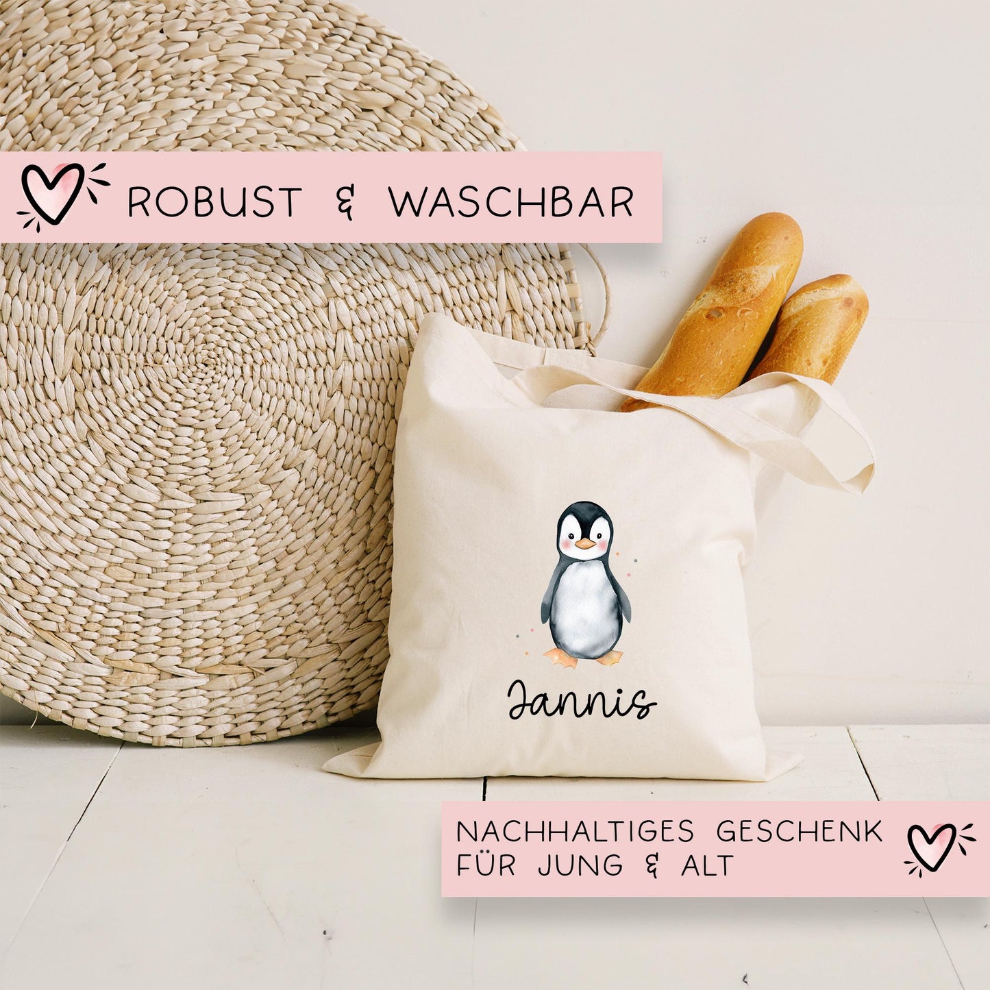 Stofftasche mit Namen Pinguin - Personalisierte Kinder Beutel Kindertasche - Wechselwäsche, Schmutzwäsche Tragetasche - Wechselkleidung kleinebuchstaben