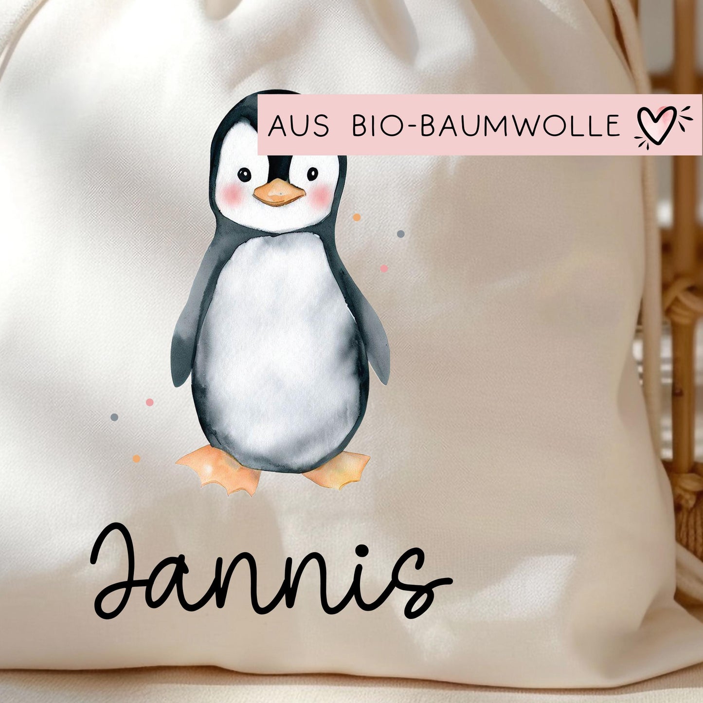 Stofftasche mit Namen Pinguin - Personalisierte Kinder Beutel Kindertasche - Wechselwäsche, Schmutzwäsche Tragetasche - Wechselkleidung kleinebuchstaben