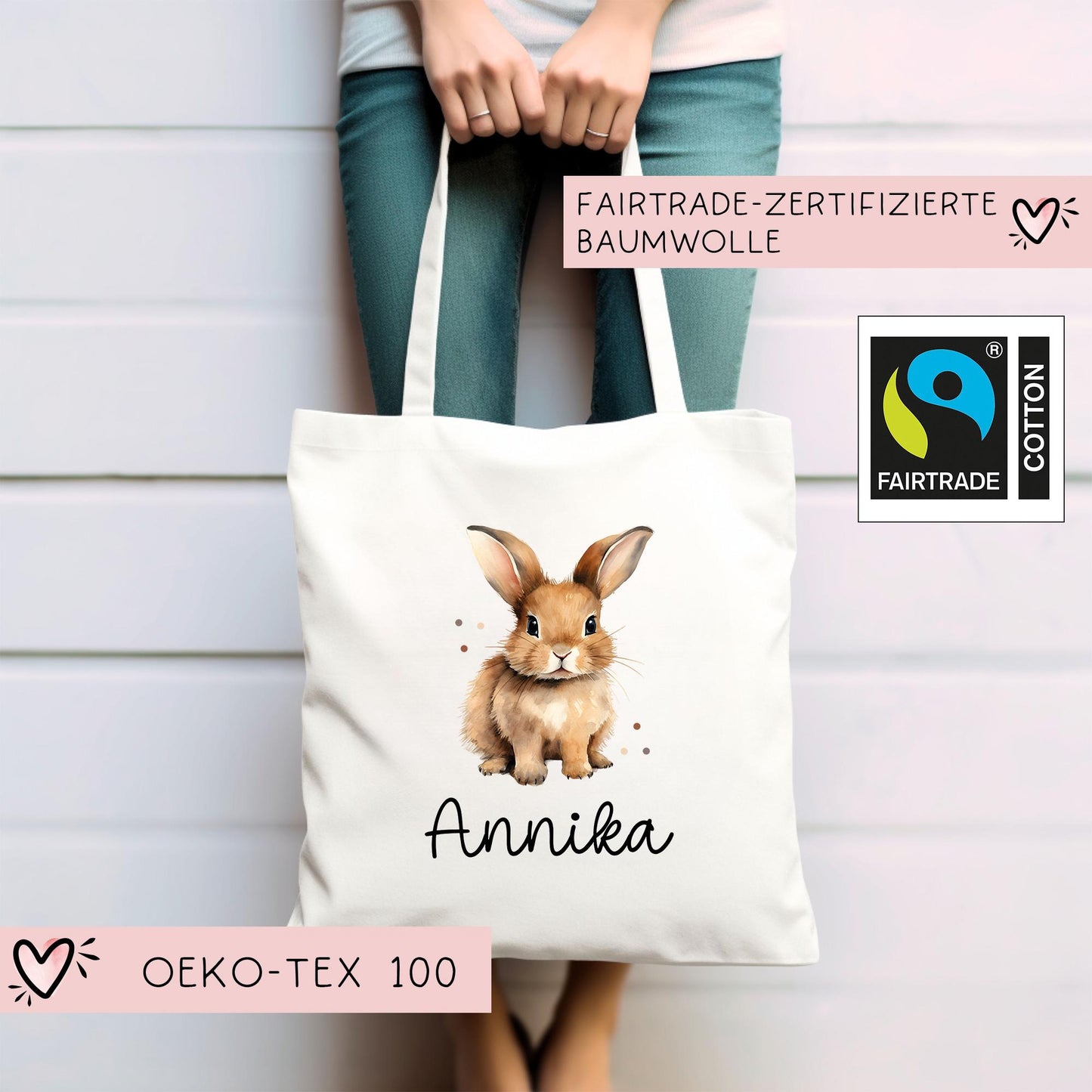 Stofftasche mit Namen Hase Rammler - Personalisierte Kinder Beutel Kindertasche - Wechselwäsche, Schmutzwäsche Tragetasche - Wechselkleidung kleinebuchstaben