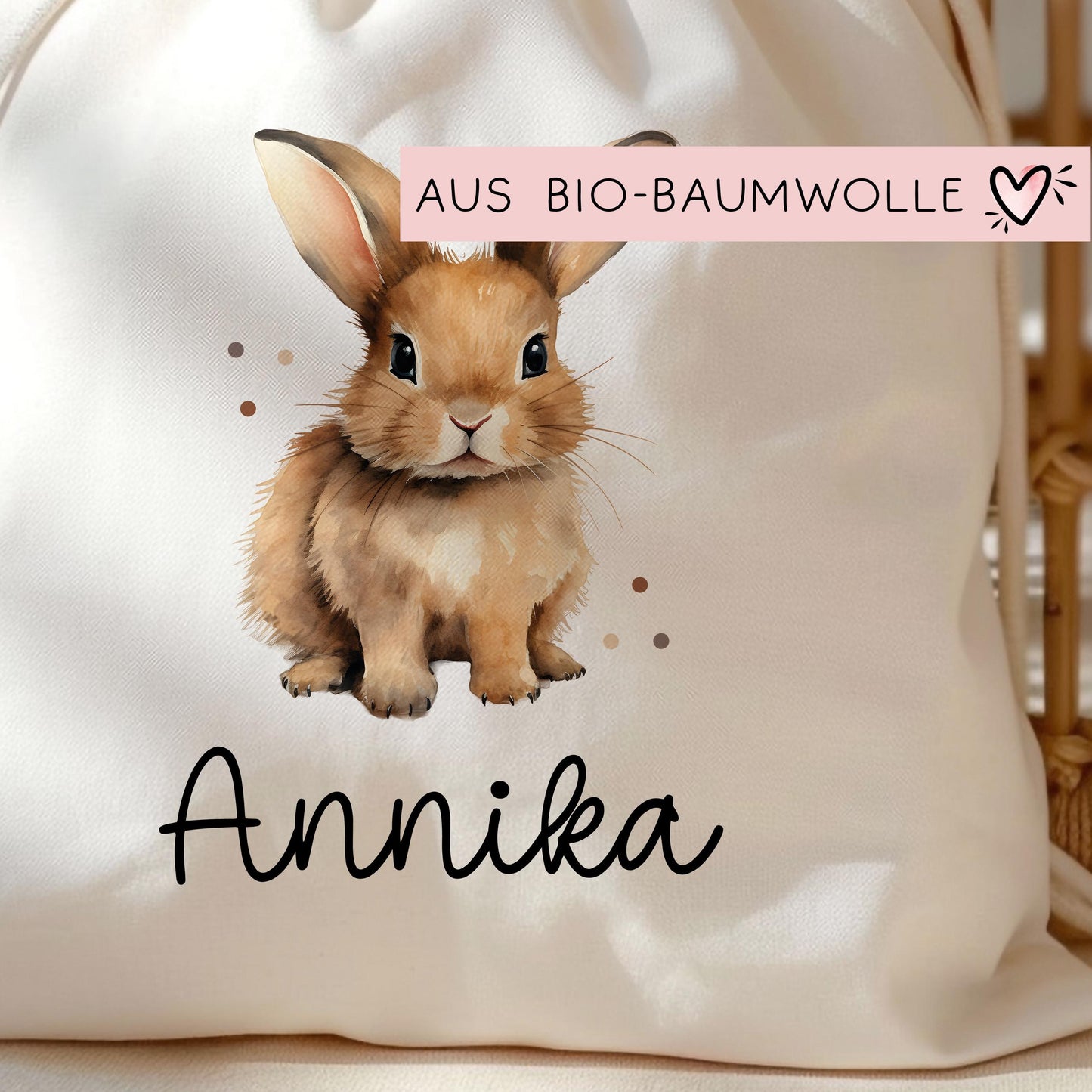 Stofftasche mit Namen Hase Rammler - Personalisierte Kinder Beutel Kindertasche - Wechselwäsche, Schmutzwäsche Tragetasche - Wechselkleidung kleinebuchstaben