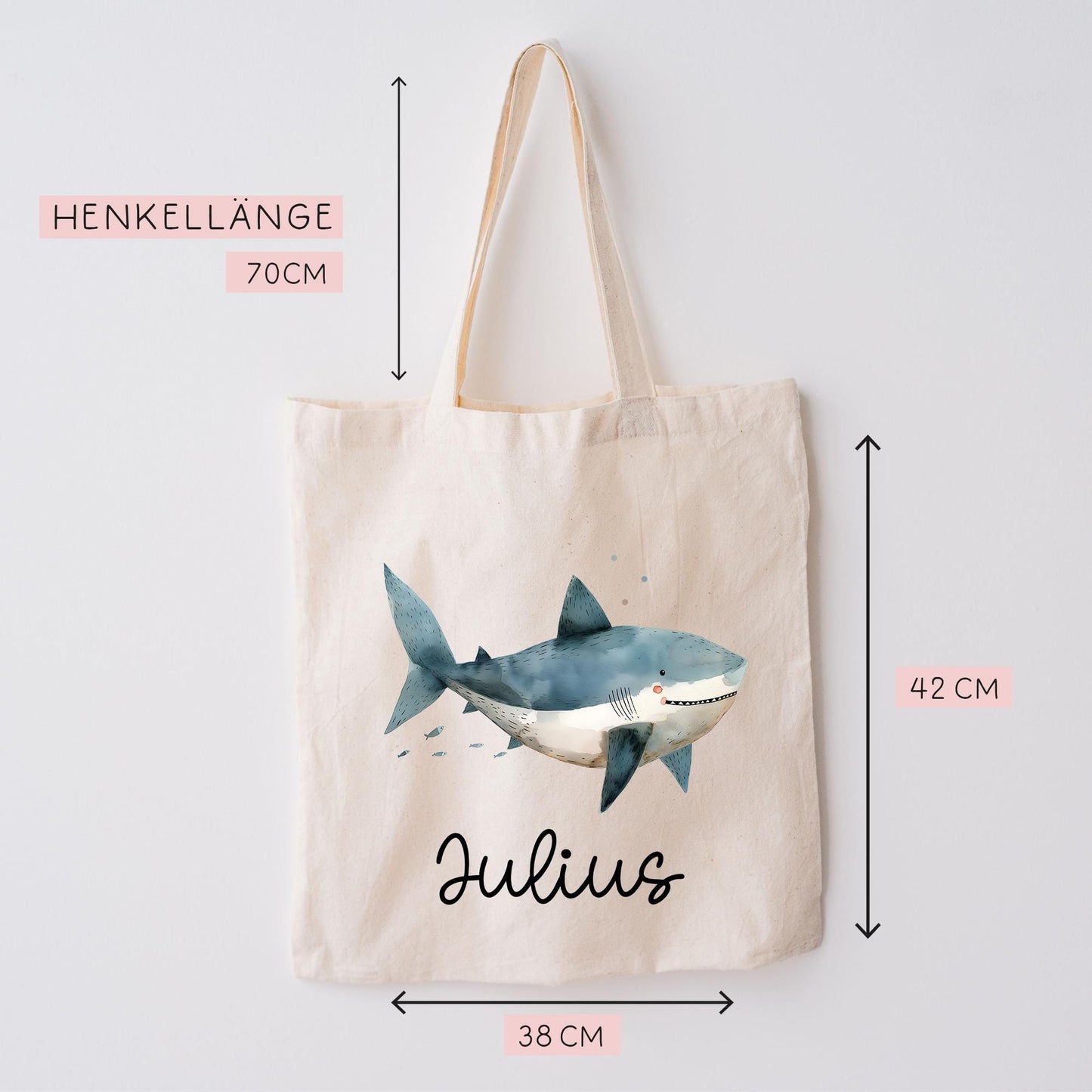 Stofftasche Beutel mit Namen Hai - Personalisierte Kinder Beutel Kindertasche - Wechselwäsche, Schmutzwäsche Tragetasche - Wechselkleidung kleinebuchstaben