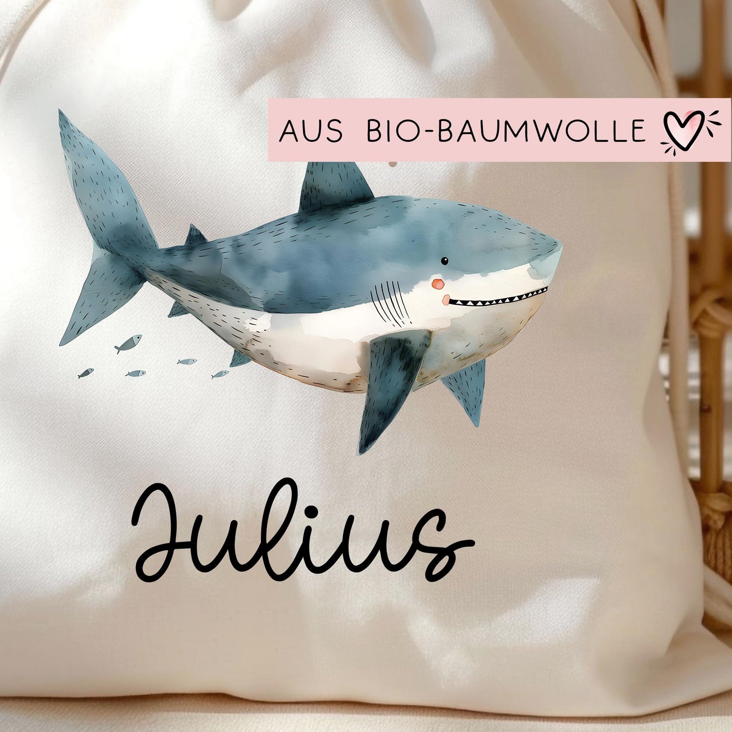Stofftasche Beutel mit Namen Hai - Personalisierte Kinder Beutel Kindertasche - Wechselwäsche, Schmutzwäsche Tragetasche - Wechselkleidung kleinebuchstaben