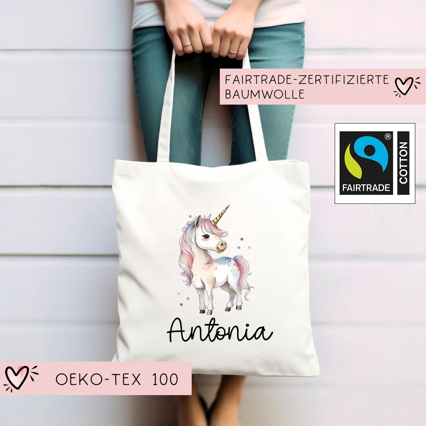 Stofftasche Beutel Namen Einhorn - Personalisierte Kinder Beutel Kindertasche - Wechselwäsche, Schmutzwäsche Tragetasche - Wechselkleidung kleinebuchstaben
