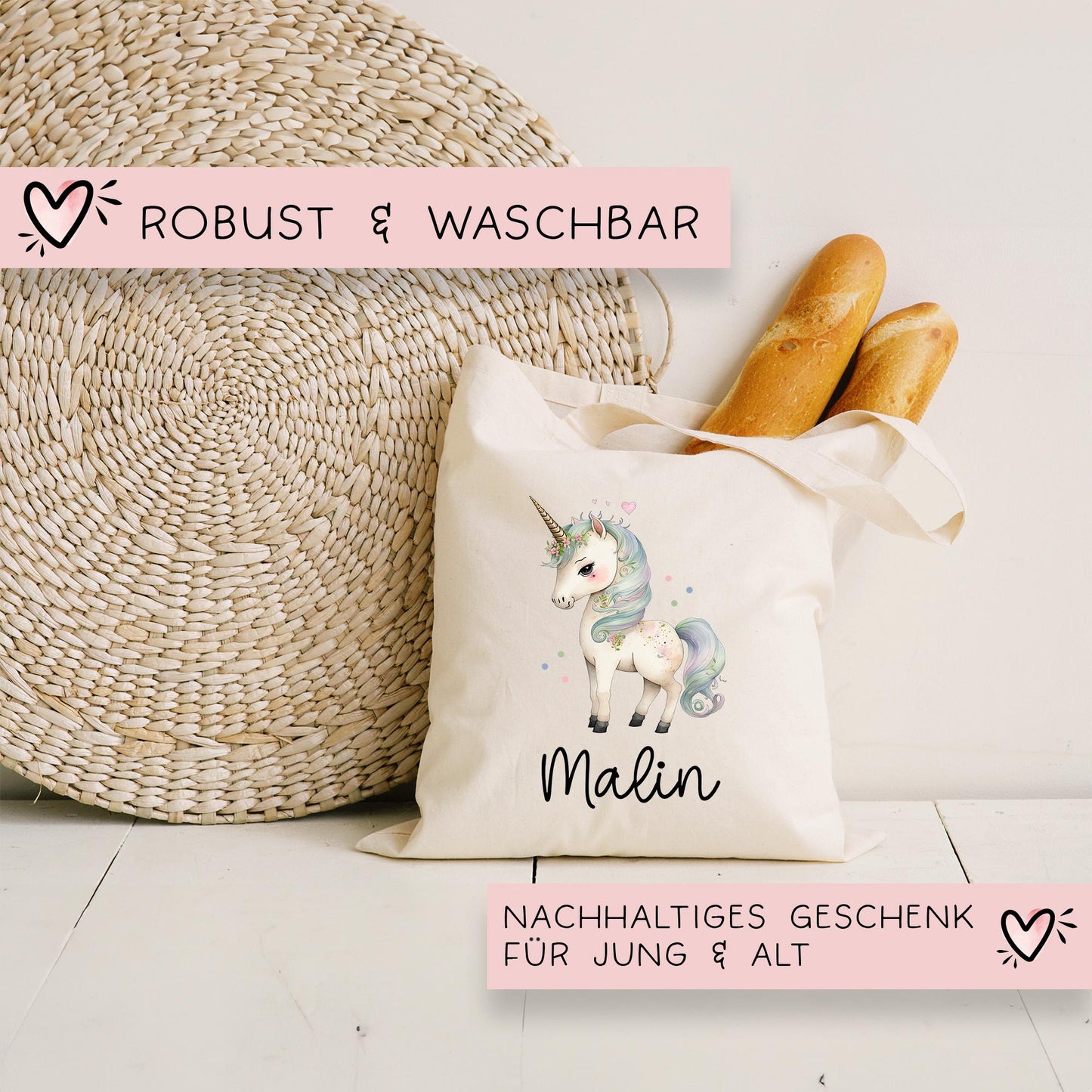 Stofftasche Beutel Namen Einhorn - Personalisierte Kinder Beutel Kindertasche - Wechselwäsche, Schmutzwäsche Tragetasche - Wechselkleidung kleinebuchstaben