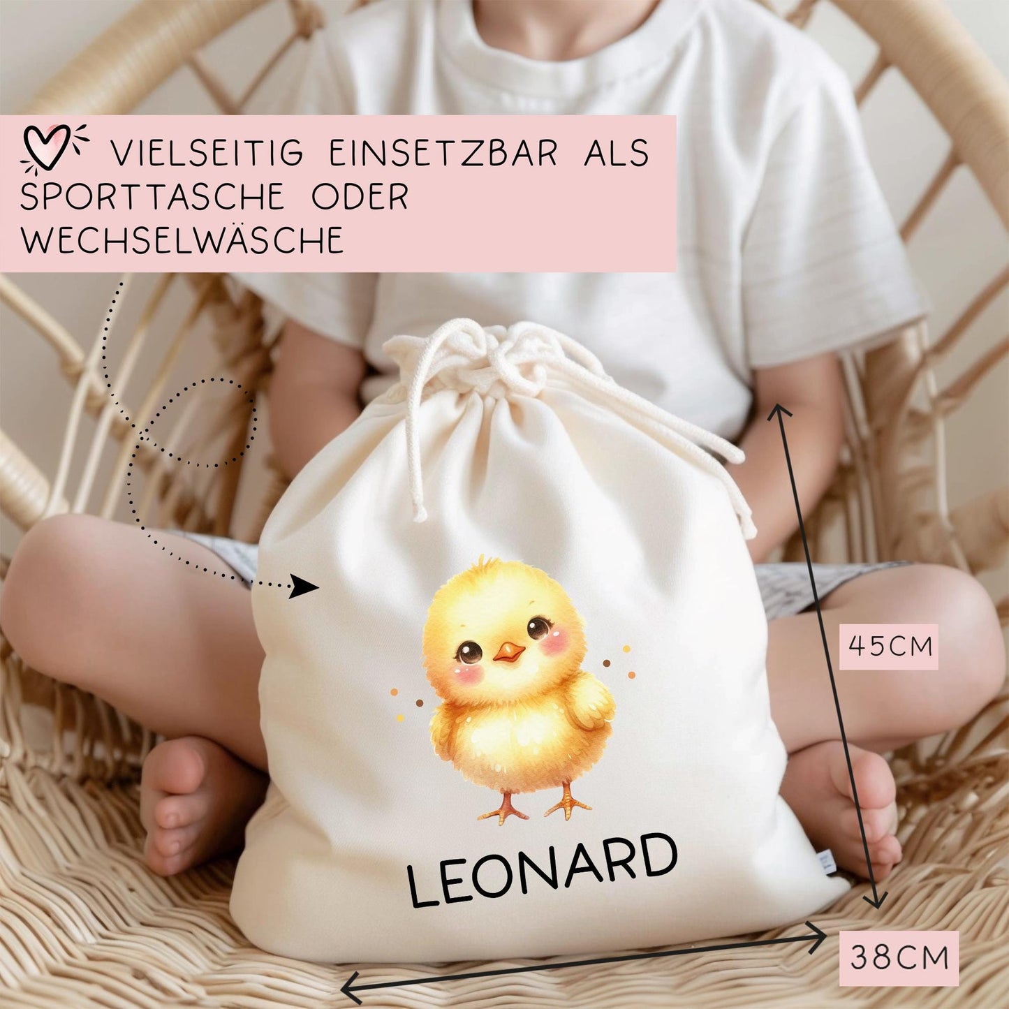 Personalisierte Stofftasche Küken Name - Kinder Beutel Kindertasche mit Wunschname - Wechselwäsche, Schmutzwäsche Tasche - Wechselkleidung kleinebuchstaben