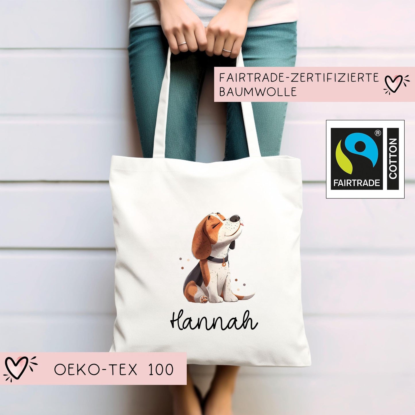 Personalisierte Stofftasche Beagle Hund Name - Kinder Beutel Kindertasche mit Wunschname - Wechselwäsche, Schmutzwäsche - Wechselkleidung kleinebuchstaben