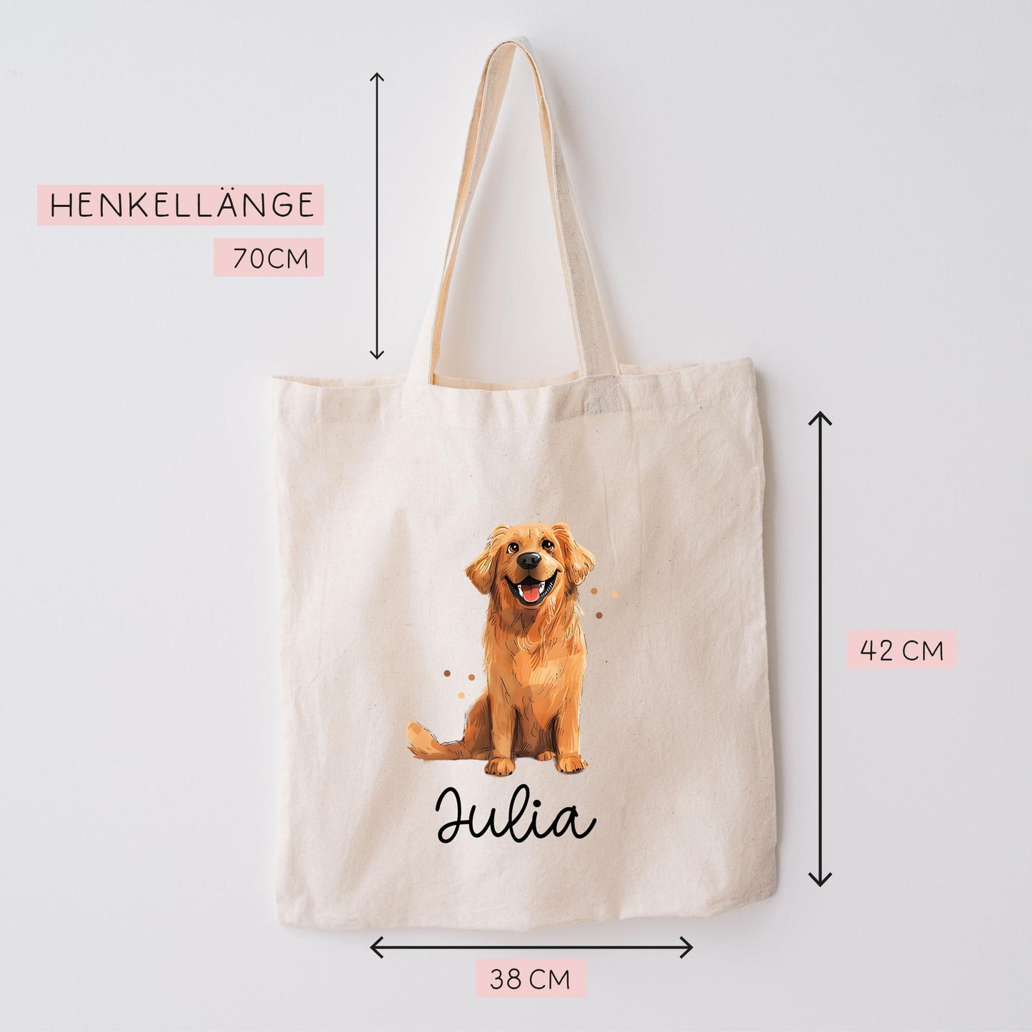 Personalisierte Stofftasche Golden Retriever Hund Name - Kinder Beutel Kindertasche mit Wunschname - Wechselwäsche - Tasche- Wechselkleidung kleinebuchstaben