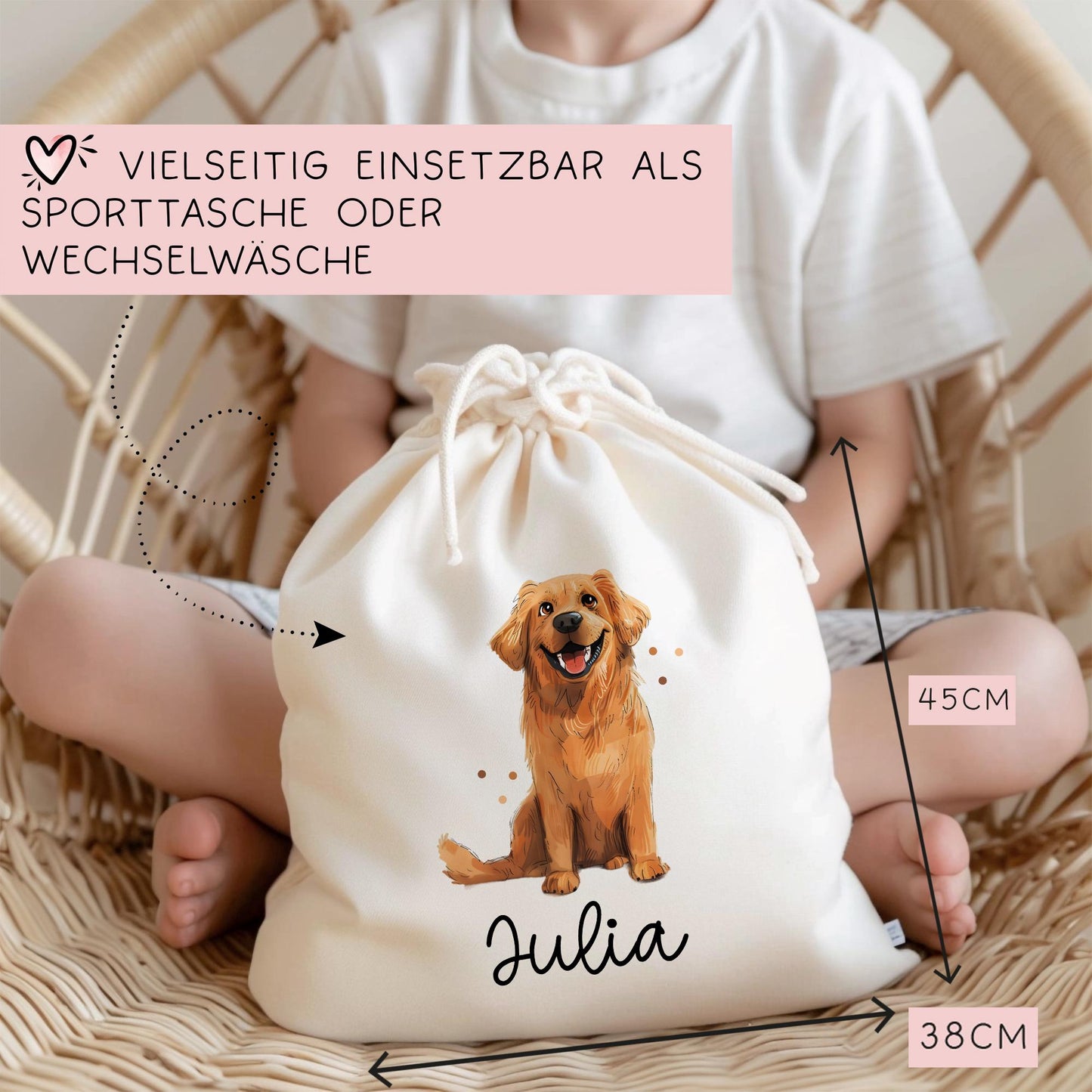 Personalisierte Stofftasche Golden Retriever Hund Name - Kinder Beutel Kindertasche mit Wunschname - Wechselwäsche - Tasche- Wechselkleidung kleinebuchstaben