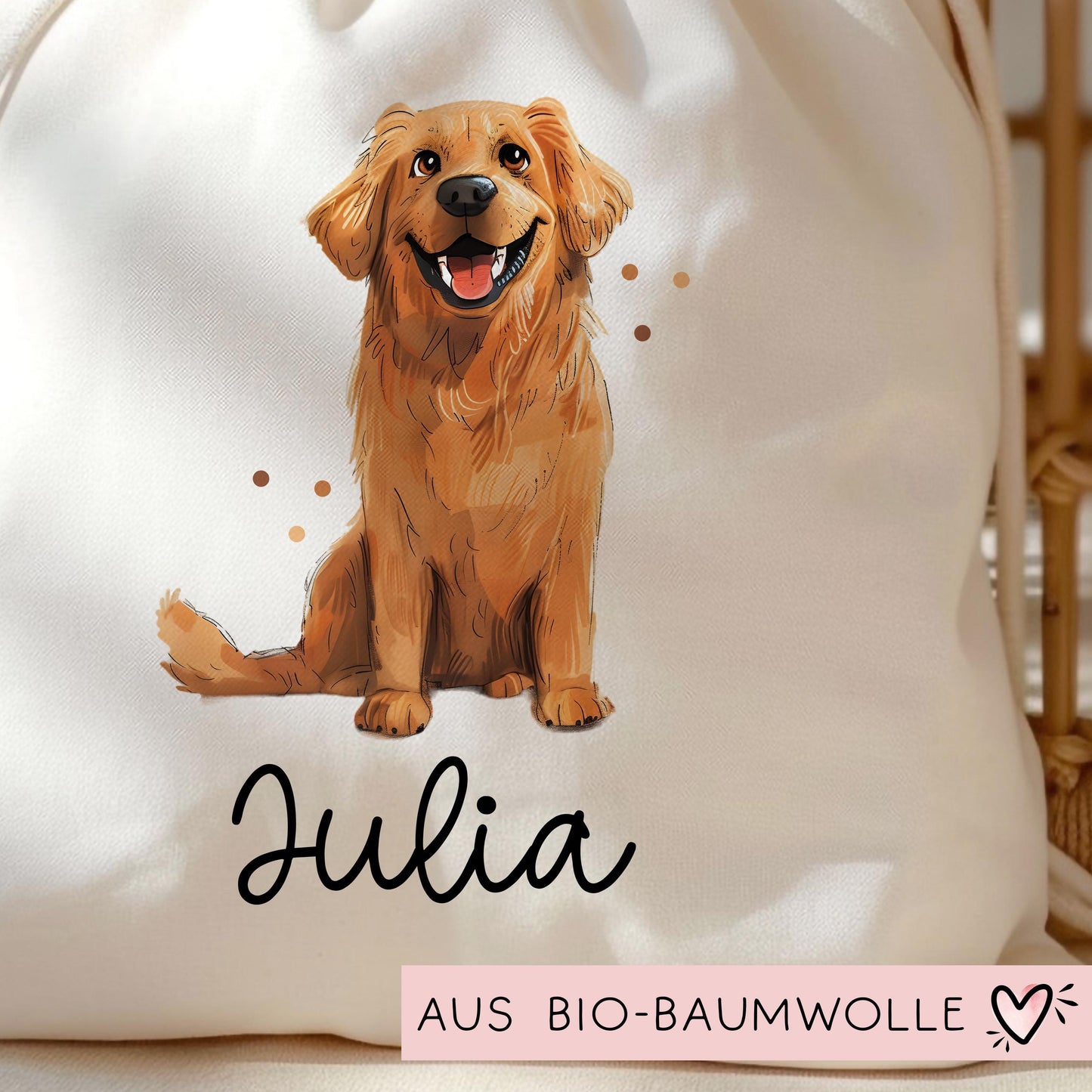 Personalisierte Stofftasche Golden Retriever Hund Name - Kinder Beutel Kindertasche mit Wunschname - Wechselwäsche - Tasche- Wechselkleidung kleinebuchstaben
