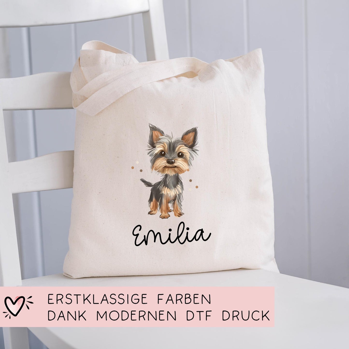 Personalisierte Stofftasche Hund Yorkshire Terrier Name - Kinder Beutel Kindertasche mit Wunschname - Wechselwäsche - Wechselkleidung kleinebuchstaben