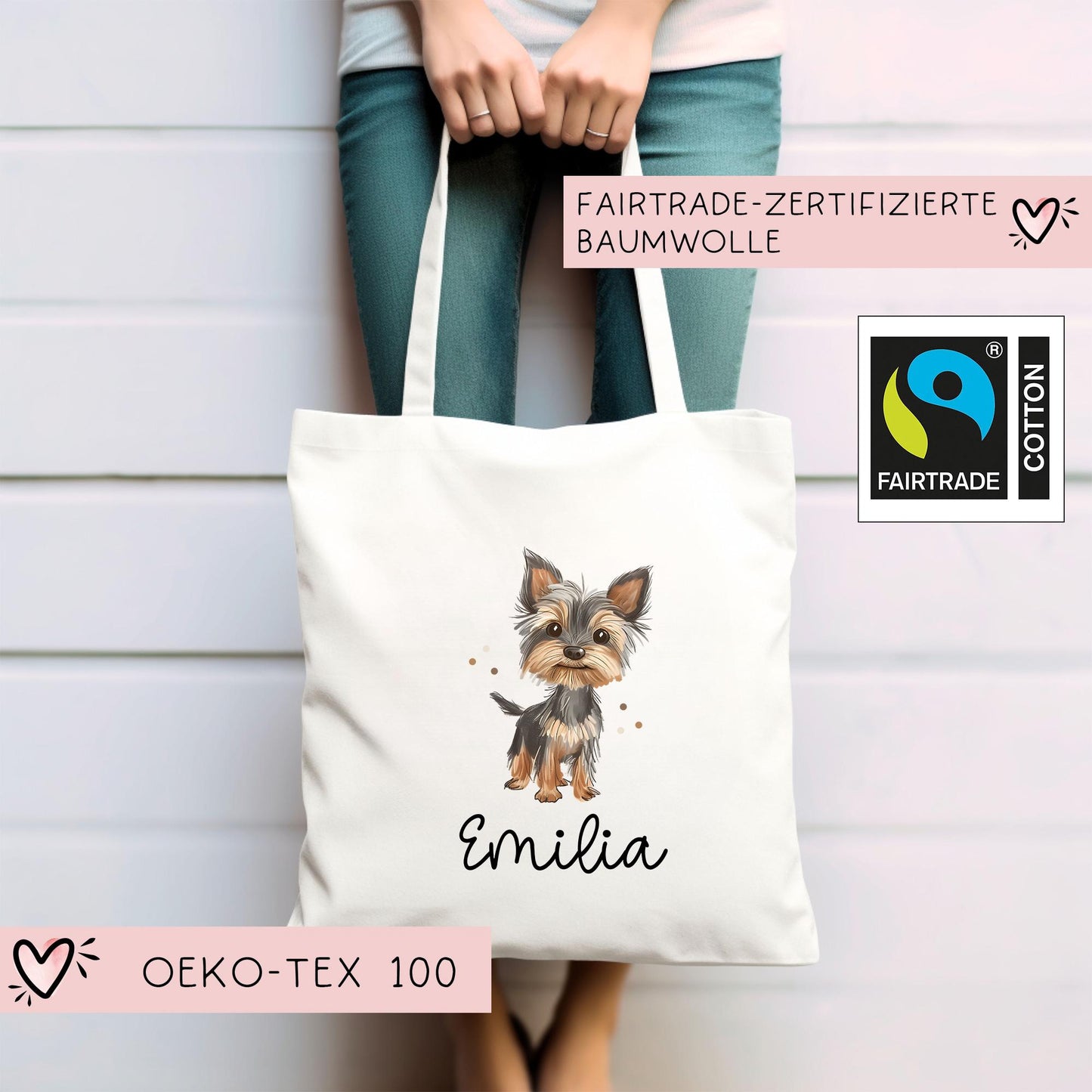 Personalisierte Stofftasche Hund Yorkshire Terrier Name - Kinder Beutel Kindertasche mit Wunschname - Wechselwäsche - Wechselkleidung kleinebuchstaben