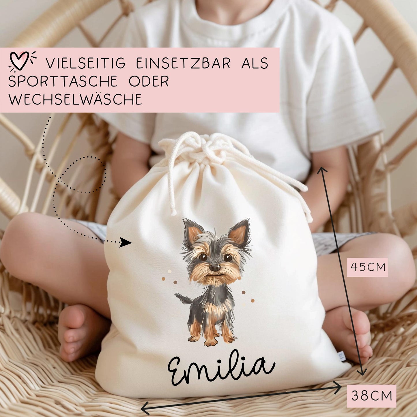 Personalisierte Stofftasche Hund Yorkshire Terrier Name - Kinder Beutel Kindertasche mit Wunschname - Wechselwäsche - Wechselkleidung kleinebuchstaben