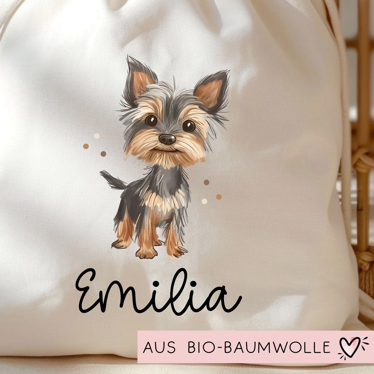 Personalisierte Stofftasche Hund Yorkshire Terrier Name - Kinder Beutel Kindertasche mit Wunschname - Wechselwäsche - Wechselkleidung kleinebuchstaben