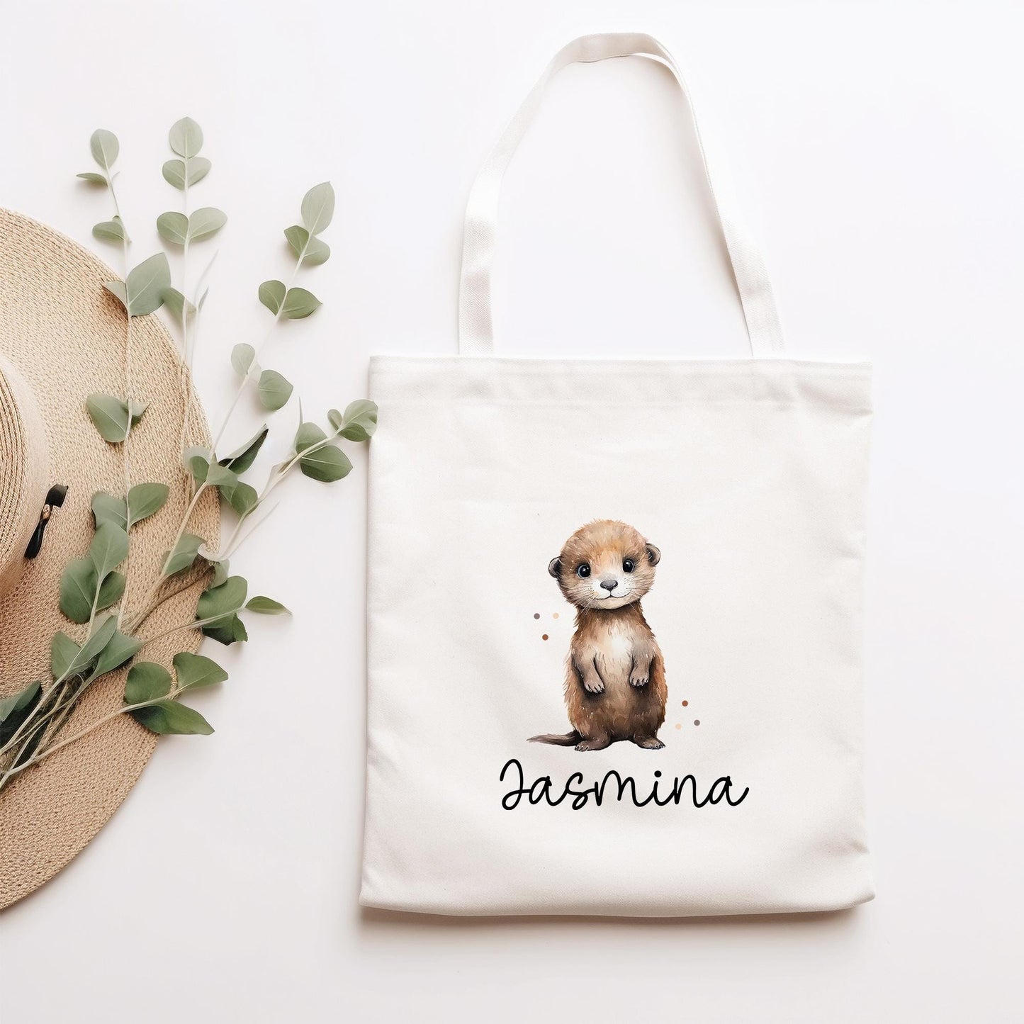 Personalisierte Stofftasche Otter Name - Kinder Beutel Kindertasche mit Wunschname - Wechselwäsche - Wechselkleidung - Tragetasche -Seeotter kleinebuchstaben