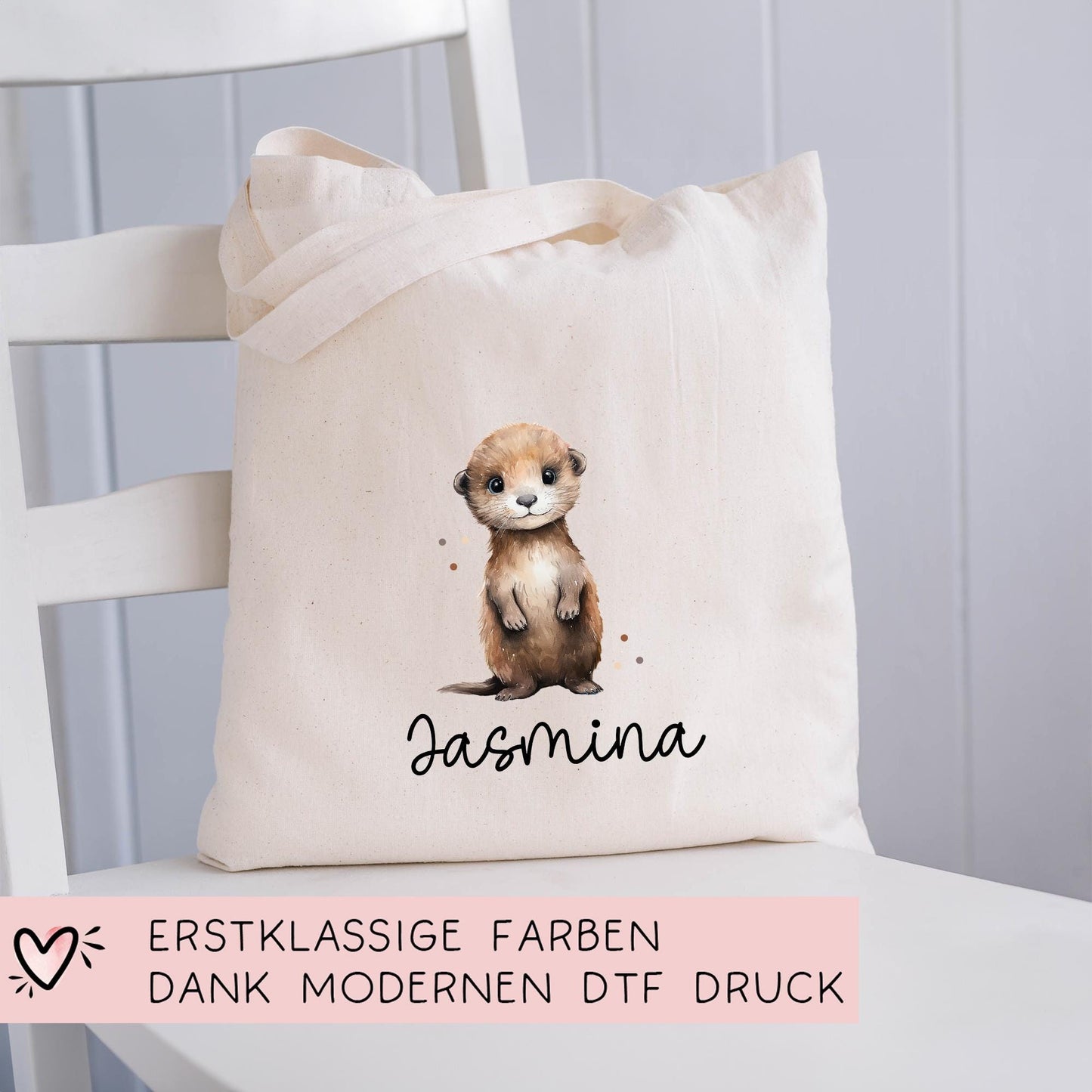 Personalisierte Stofftasche Otter Name - Kinder Beutel Kindertasche mit Wunschname - Wechselwäsche - Wechselkleidung - Tragetasche -Seeotter kleinebuchstaben
