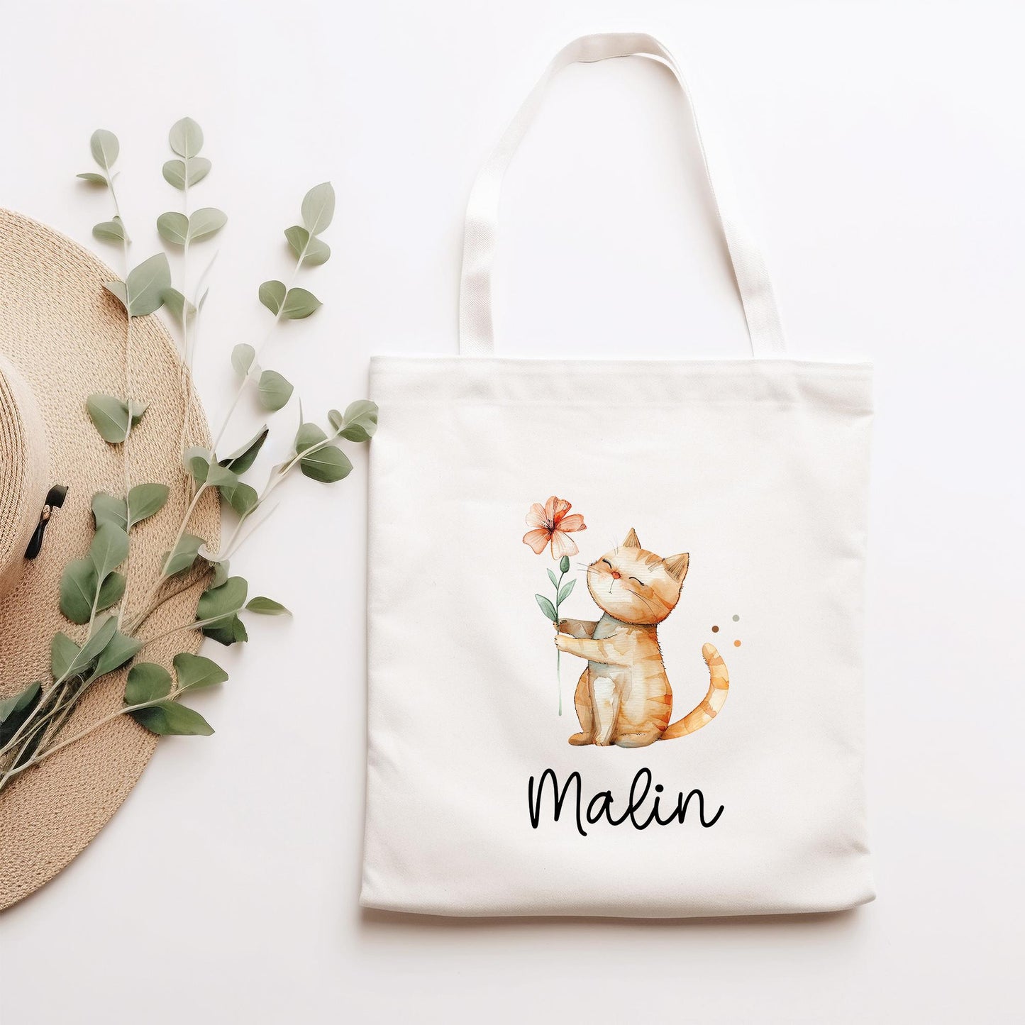 Personalisierte Stofftasche Katze Name - Kinder Beutel Kindertasche mit Wunschname - Wechselwäsche - Wechselkleidung - Tragetasche - Mietze kleinebuchstaben